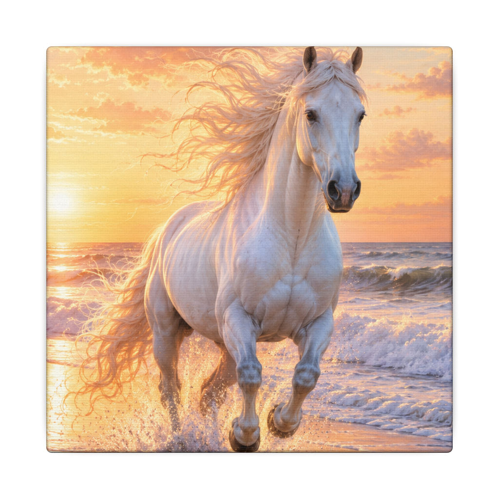 White Horse on Beach Canvas Print — Sunset Seaside Wall Art