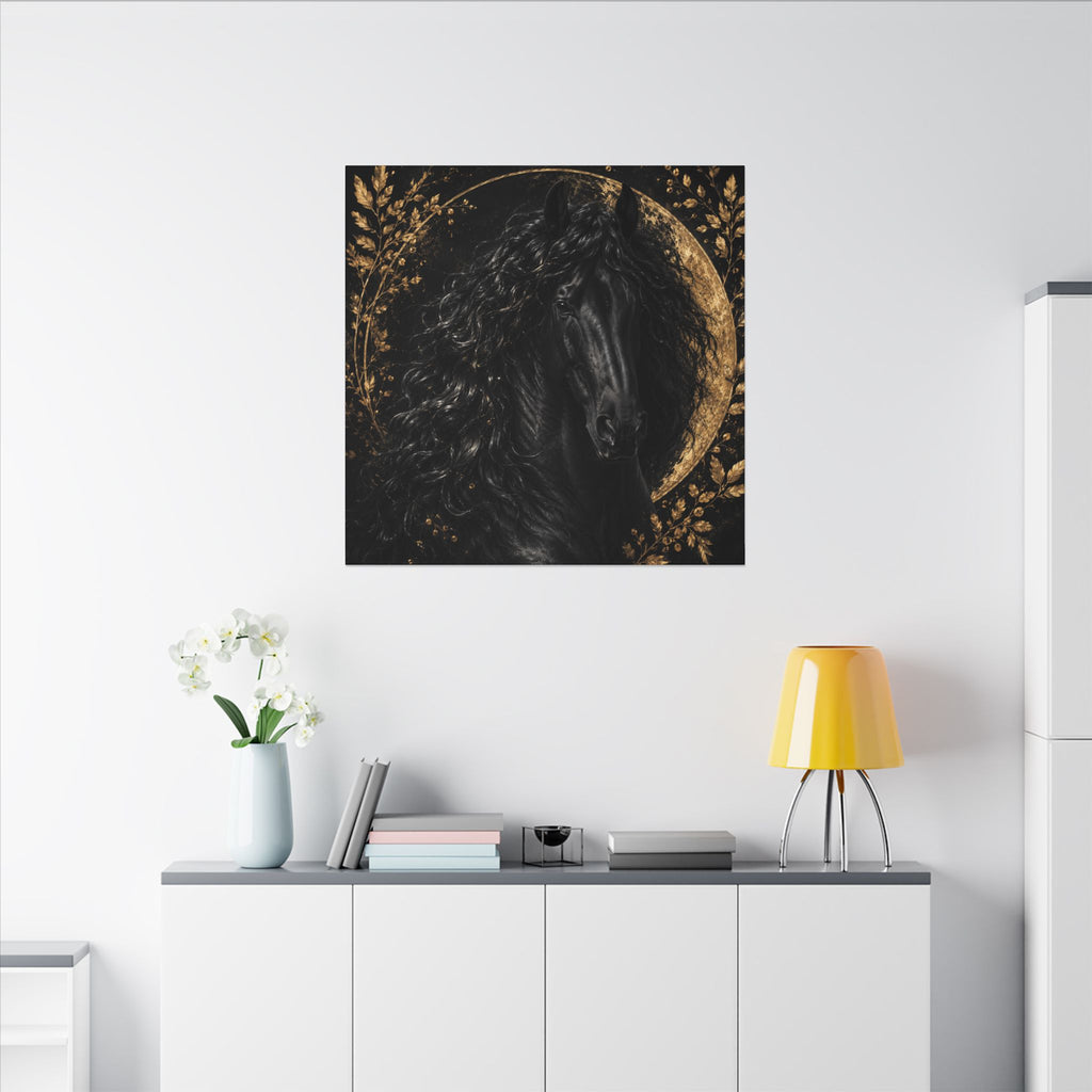 Black Stallion Canvas Print — Elegant Horse Wall Art with Gold Moon