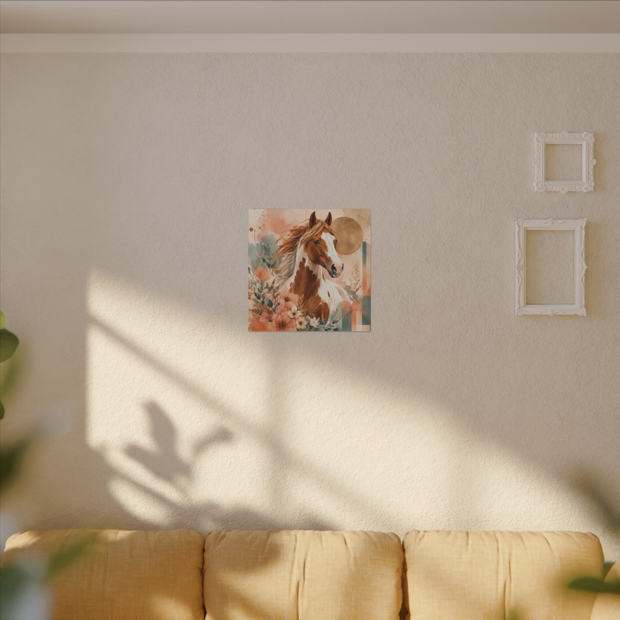 Painted Pinto Horse Canvas Wall Art — Boho Floral Equestrian Decor