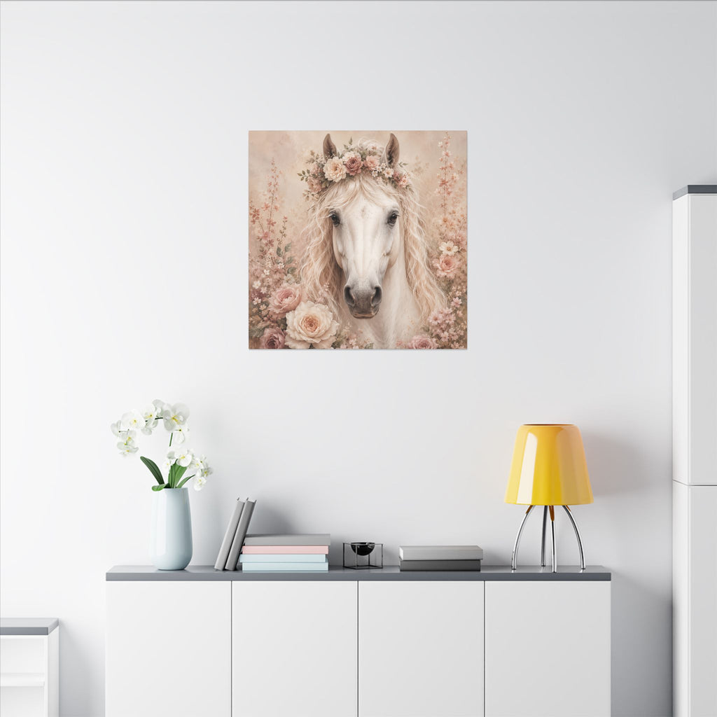 Floral White Horse Matte Canvas Wall Art