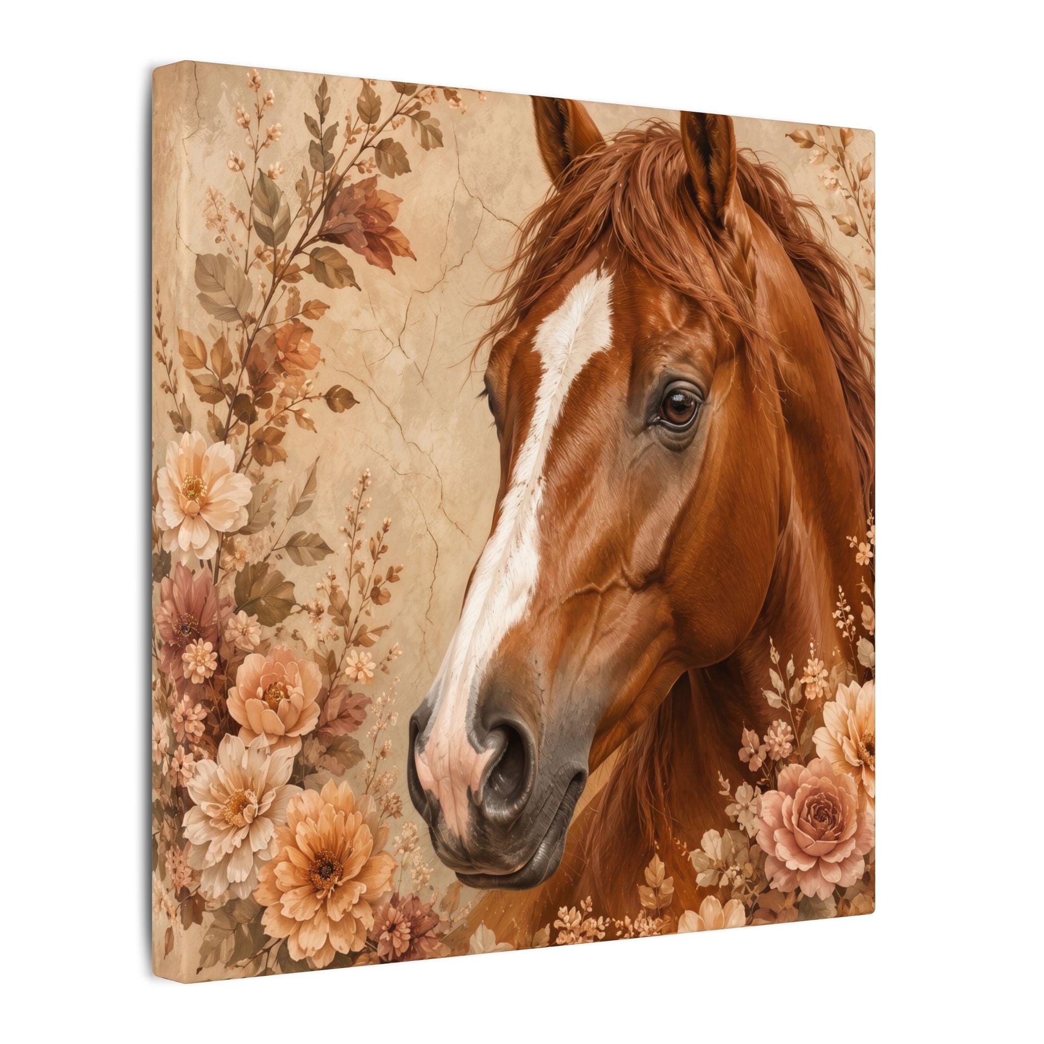 Chestnut Horse Portrait Canvas Wall Art — Floral Rustic Equestrian Decor