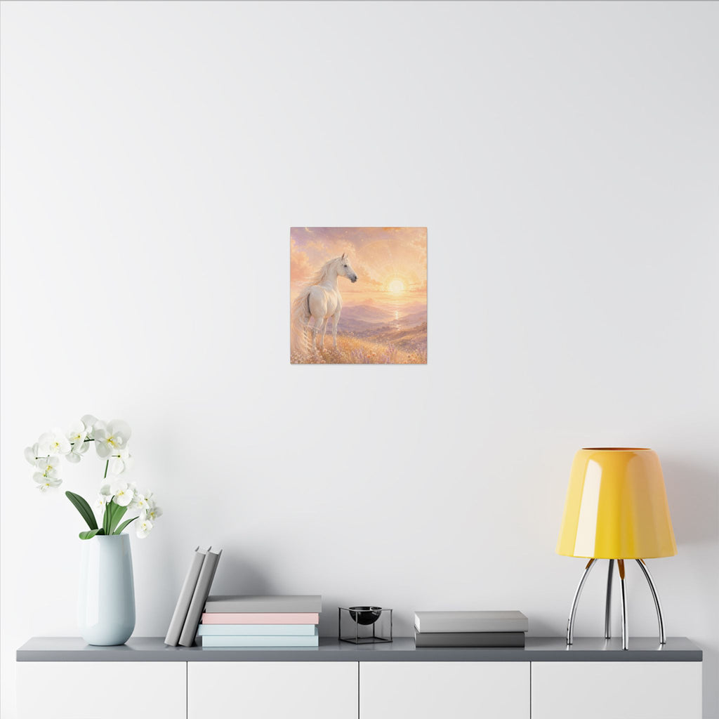 Equine Sunrise Matte Canvas Wall Art — White Horse Fantasy Landscape
