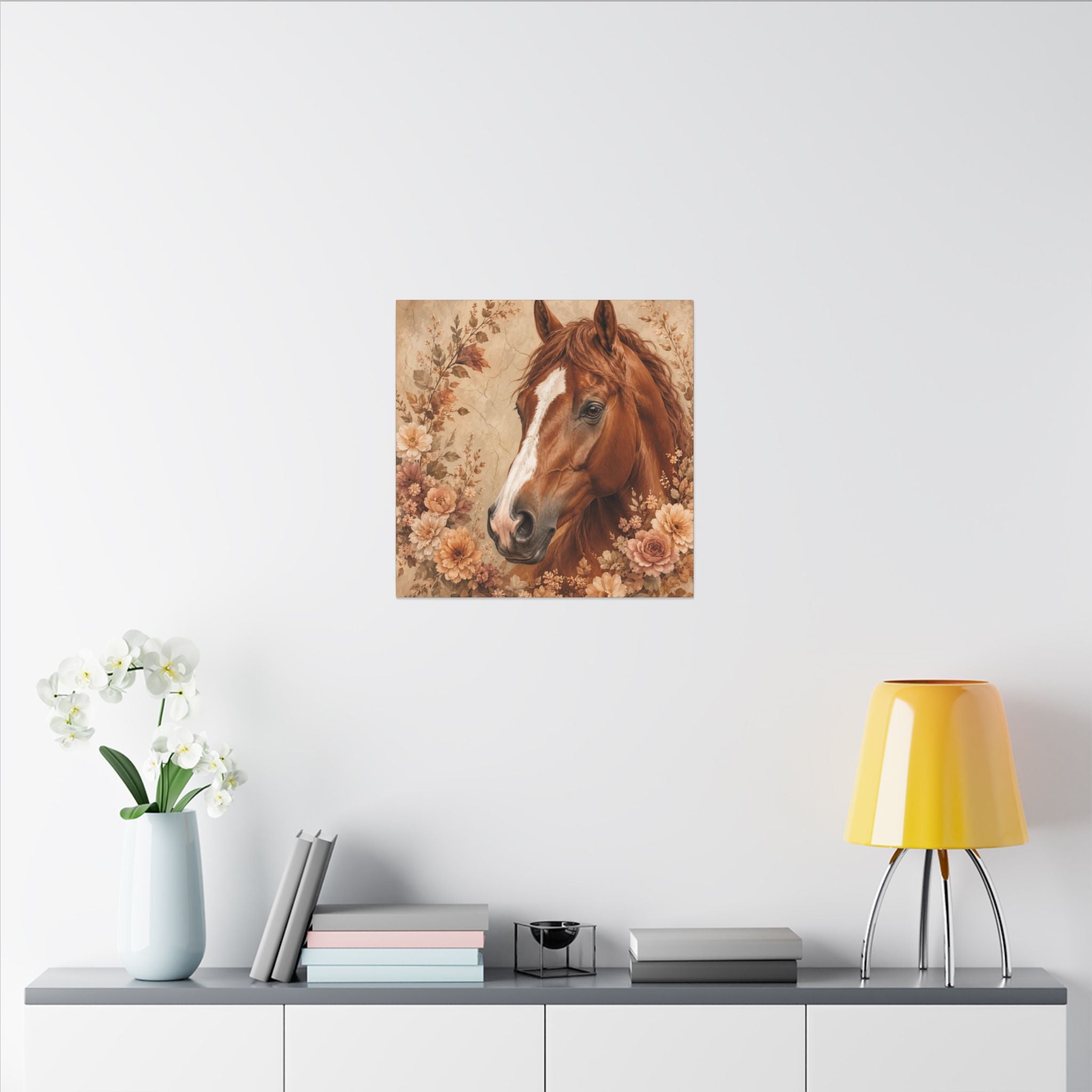 Chestnut Horse Portrait Canvas Wall Art — Floral Rustic Equestrian Decor