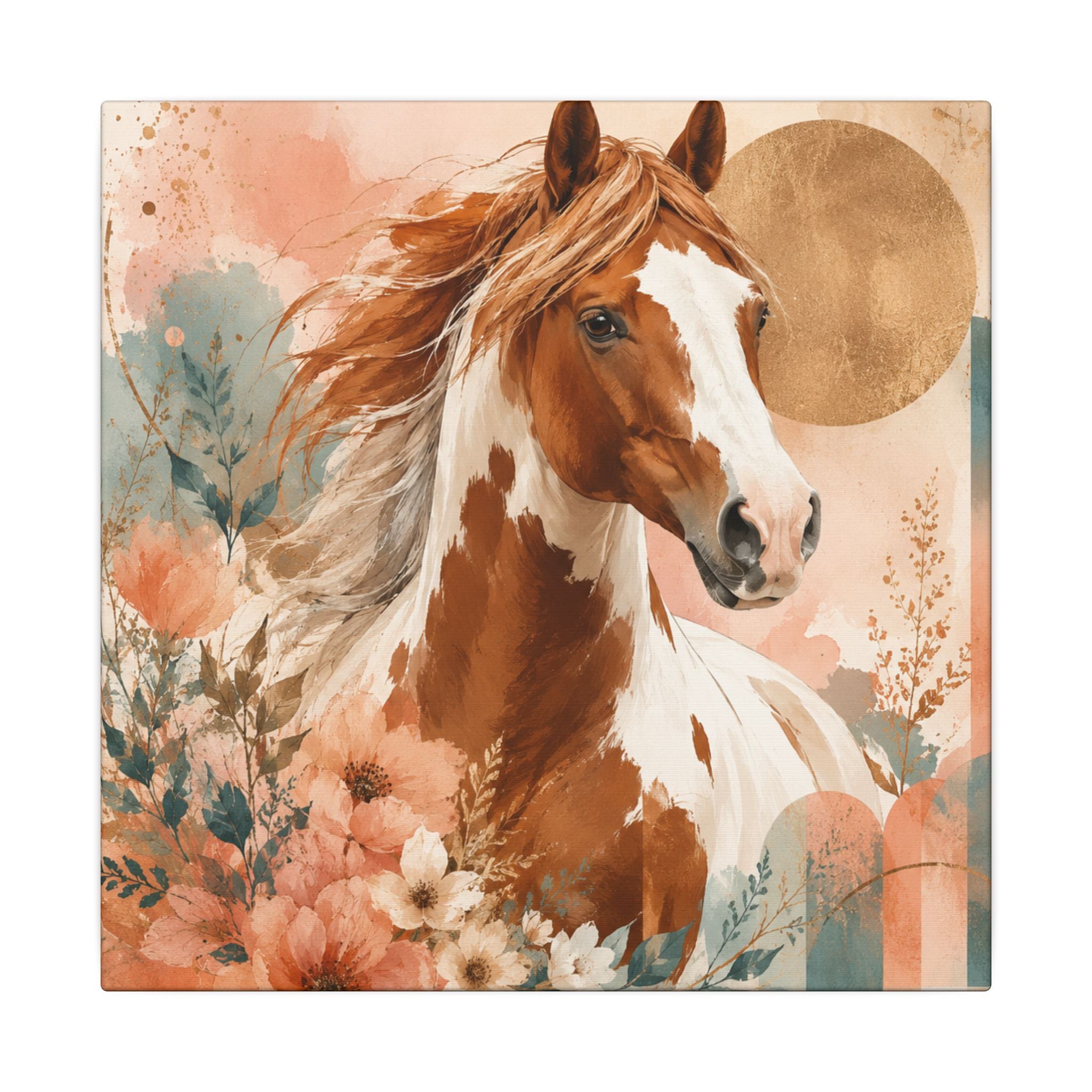 Painted Pinto Horse Canvas Wall Art — Boho Floral Equestrian Decor