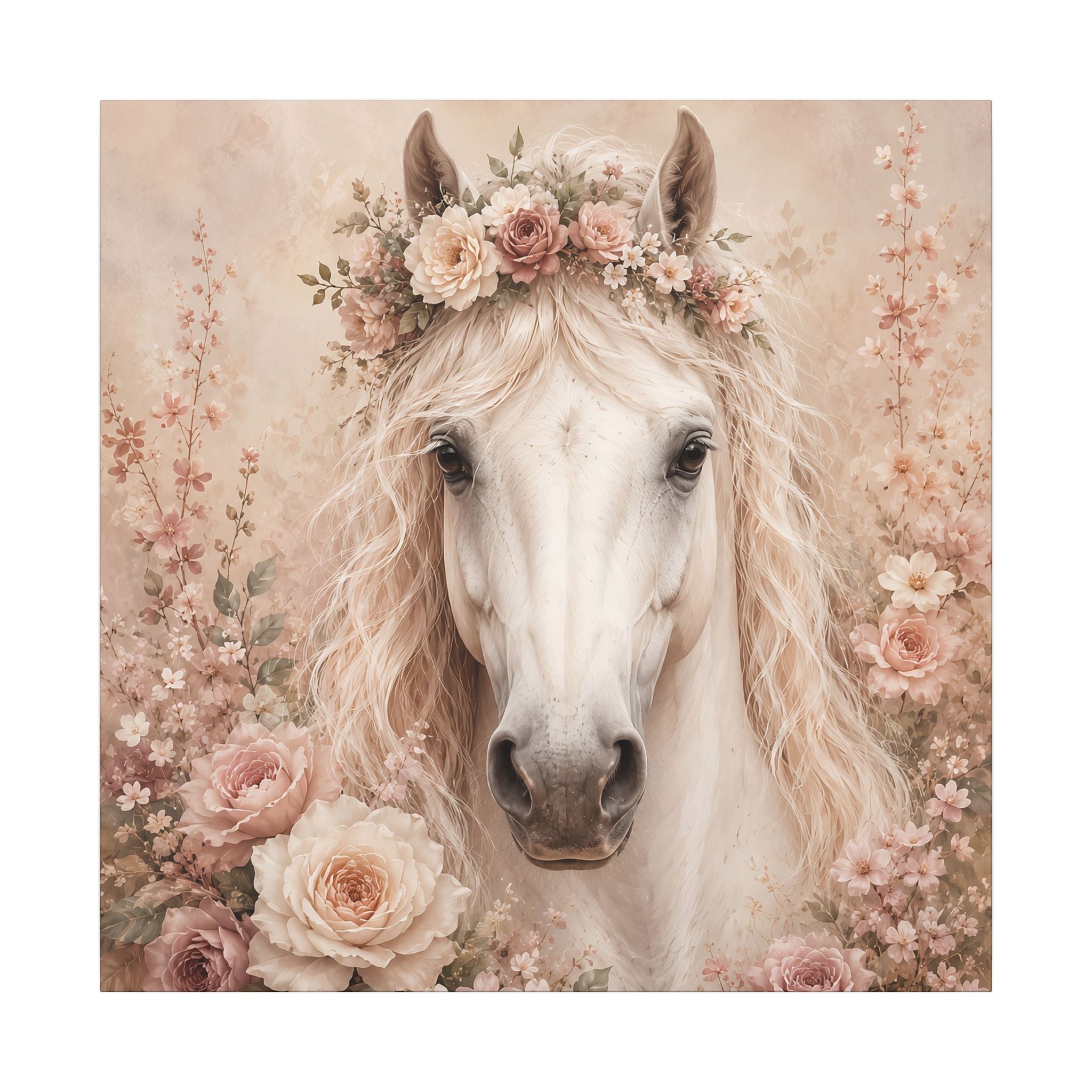 Floral White Horse Matte Canvas Wall Art