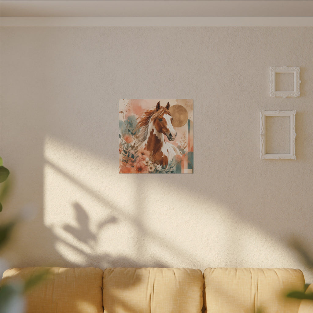 Painted Pinto Horse Canvas Wall Art — Boho Floral Equestrian Decor