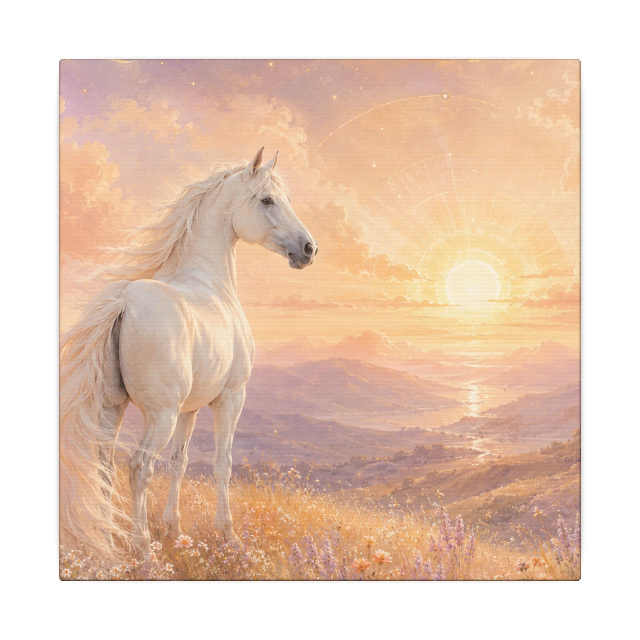 Equine Sunrise Matte Canvas Wall Art — White Horse Fantasy Landscape