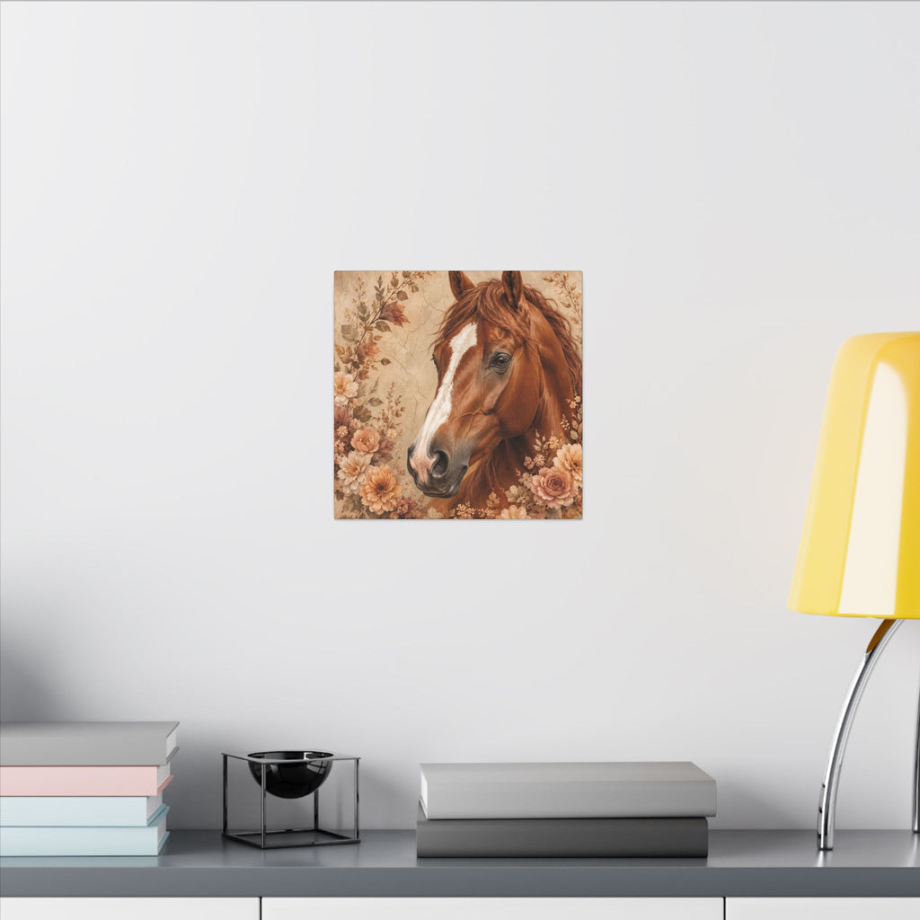Chestnut Horse Portrait Canvas Wall Art — Floral Rustic Equestrian Decor
