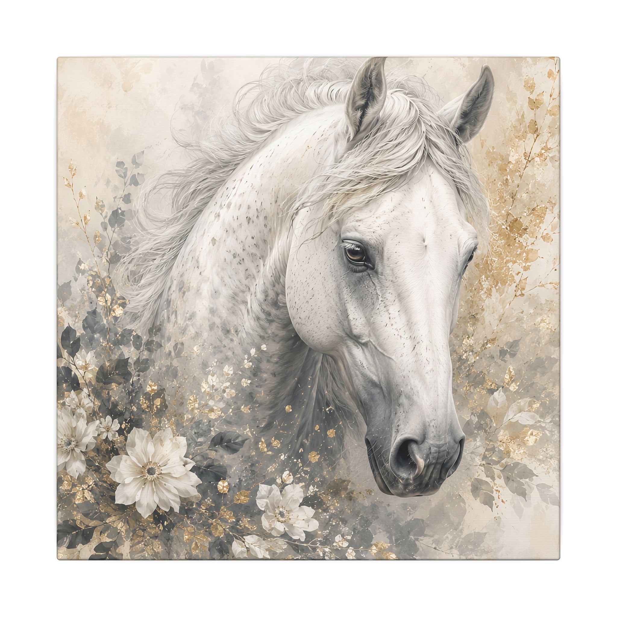 White Horse Floral Canvas Wall Art — Matte Stretched Horse Portrait