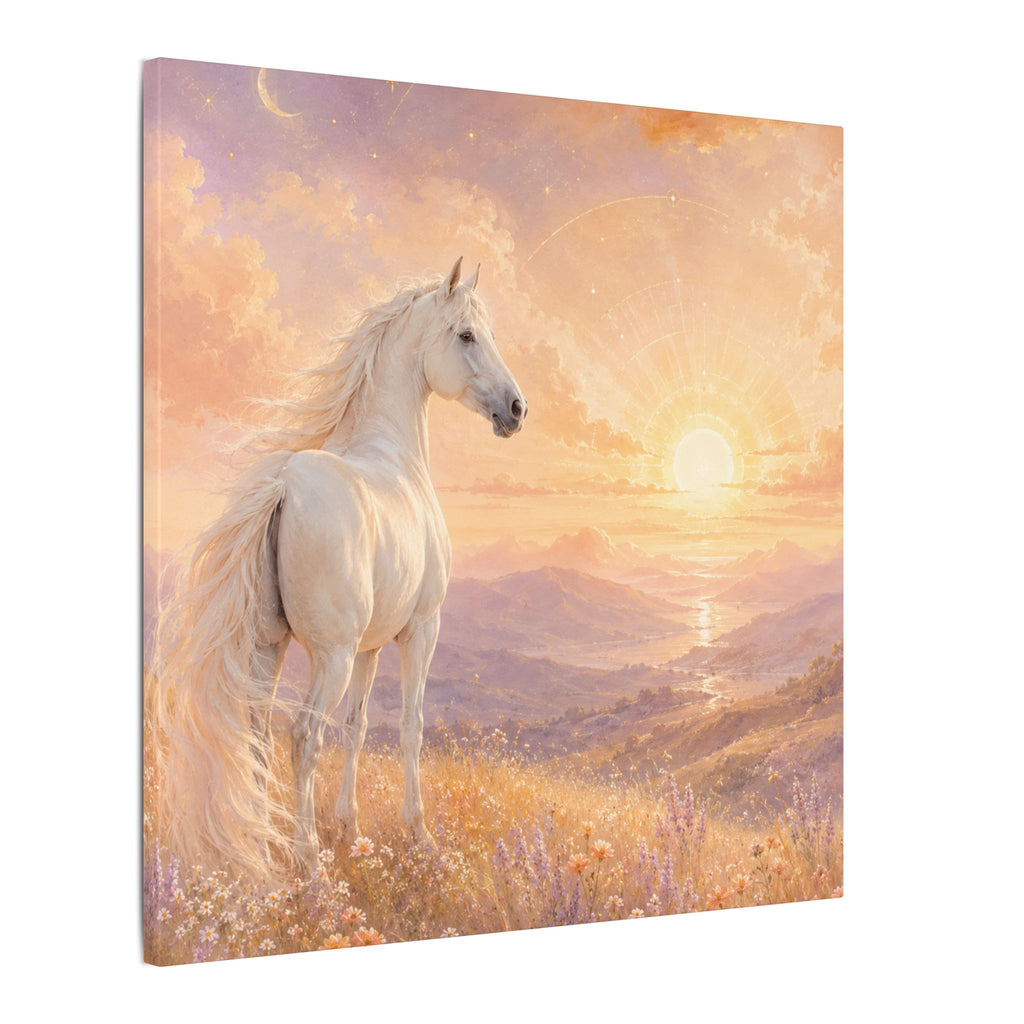Equine Sunrise Matte Canvas Wall Art — White Horse Fantasy Landscape