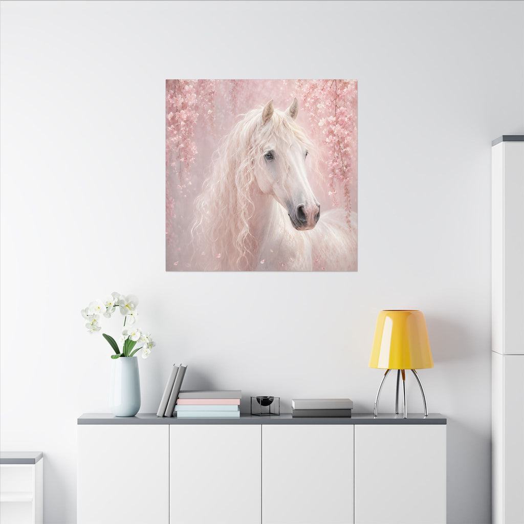 White Horse Canvas Wall Art — Romantic Pink Floral Unicorn-Style Print