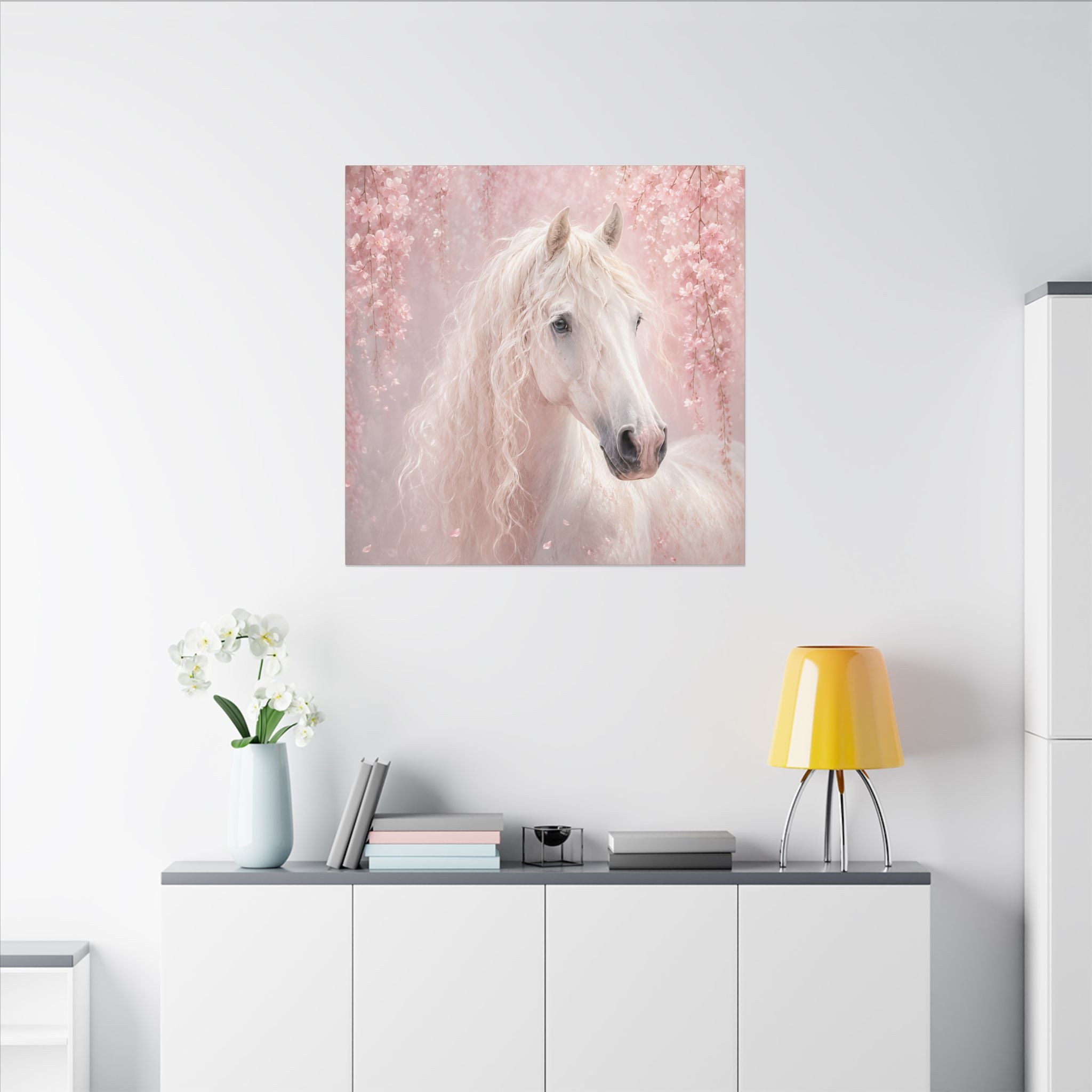 White Horse Canvas Wall Art — Romantic Pink Floral Unicorn-Style Print