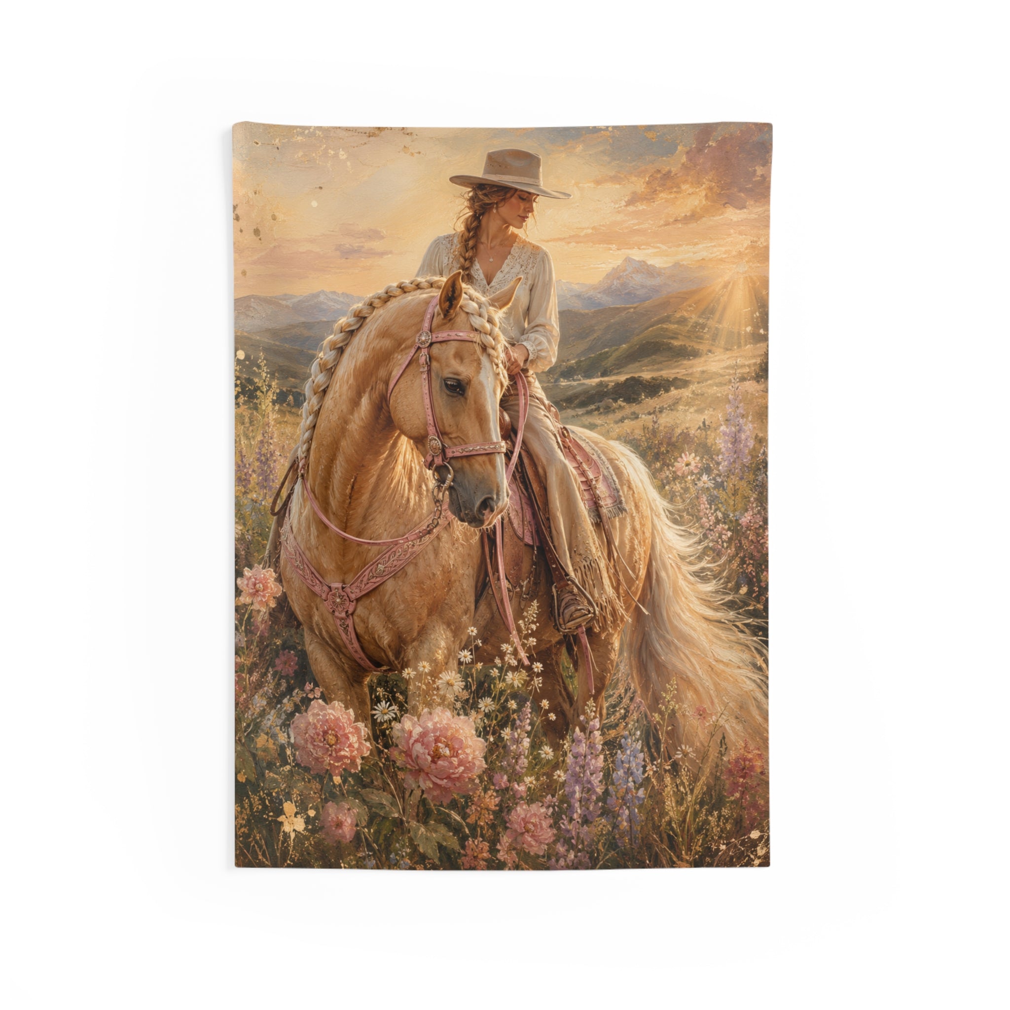 Western Horse Tapestry — Cowgirl Riding at Sunset Wall Decor