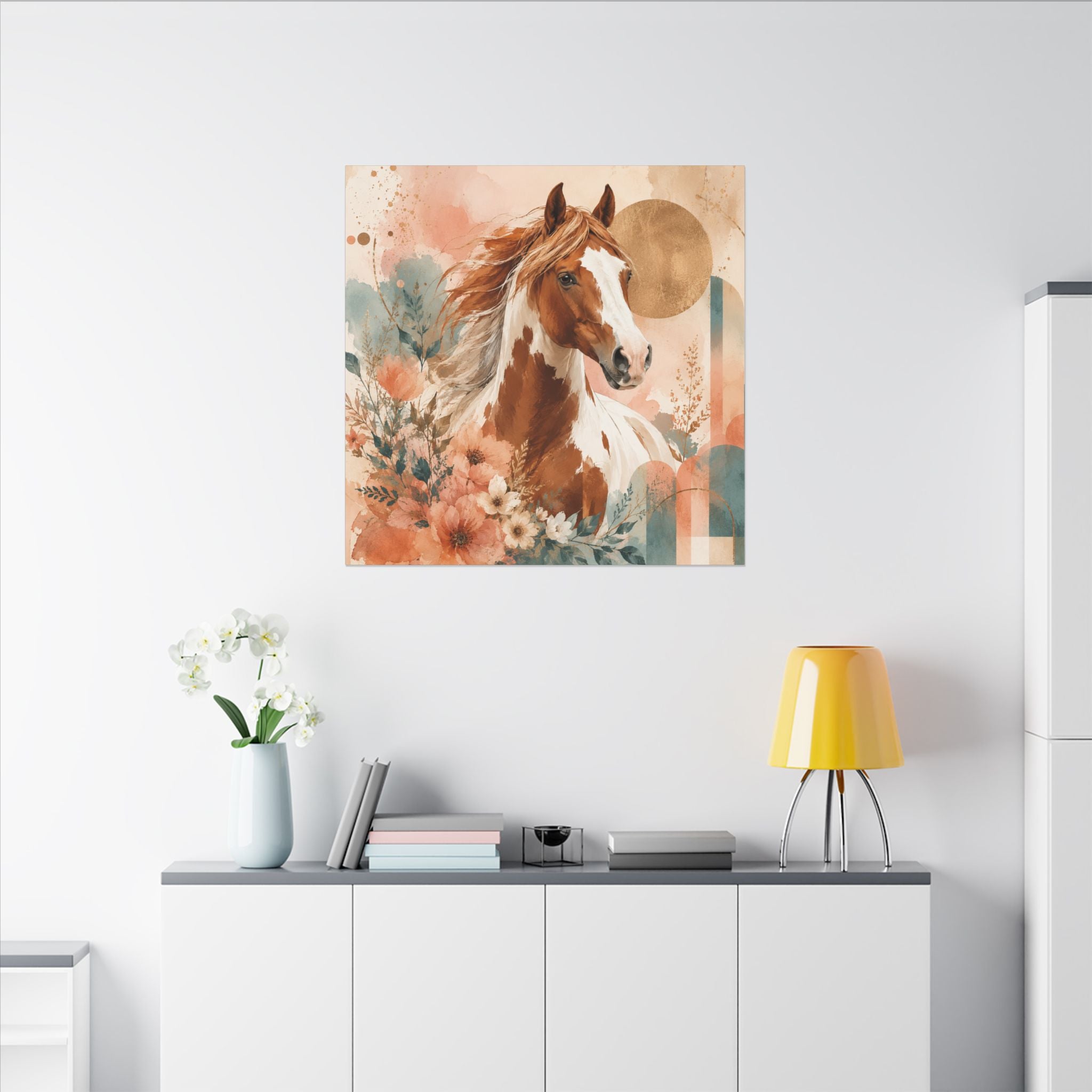 Painted Pinto Horse Canvas Wall Art — Boho Floral Equestrian Decor