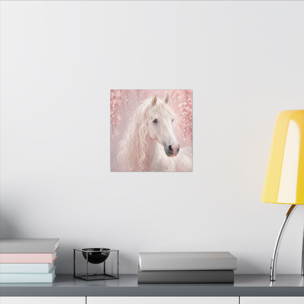 White Horse Canvas Wall Art — Romantic Pink Floral Unicorn-Style Print