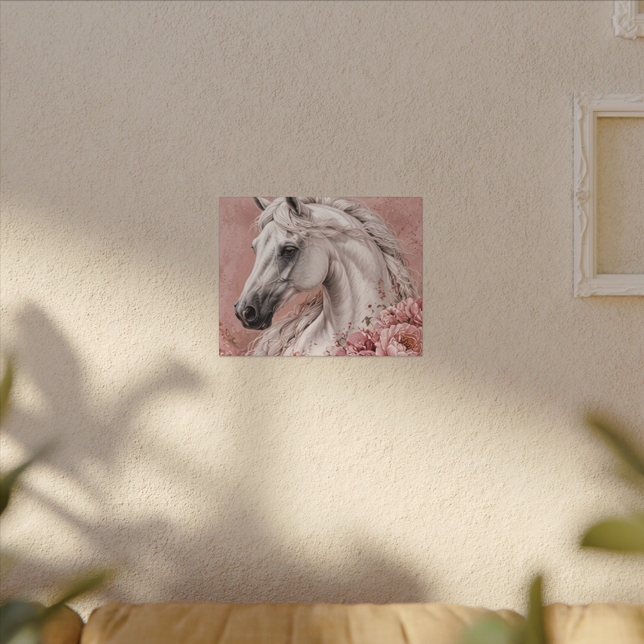White Horse Floral Canvas Wall Art — Matte Stretched Horse Portrait