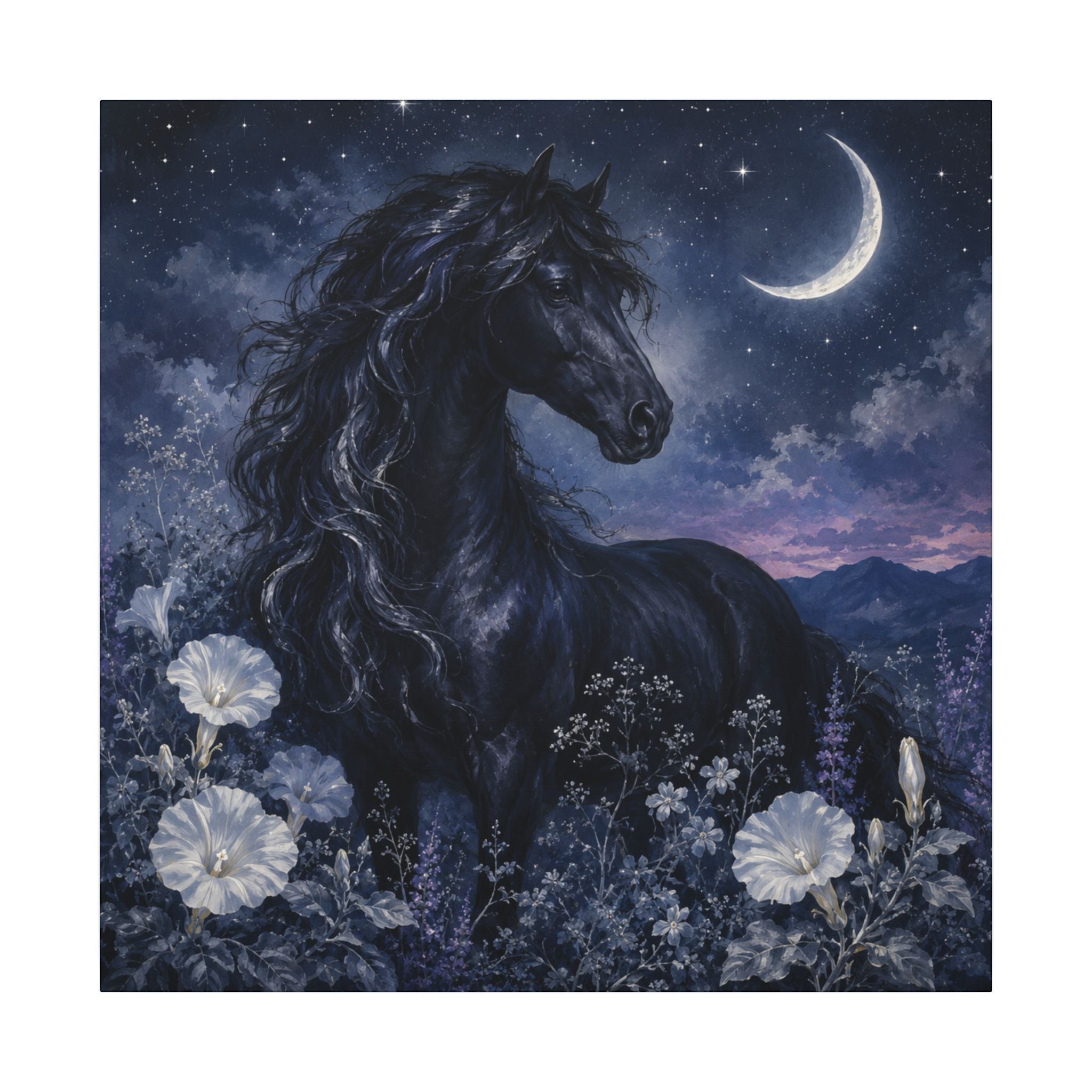 Midnight Stallion Canvas — Black Horse Moonlit Wall Art