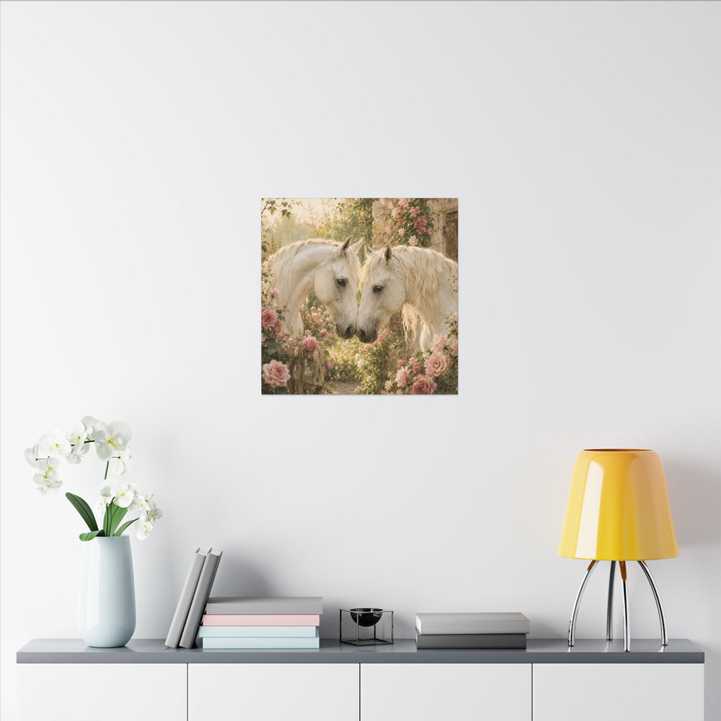 Romantic White Horses Canvas Wall Art — Floral Garden Horse Print