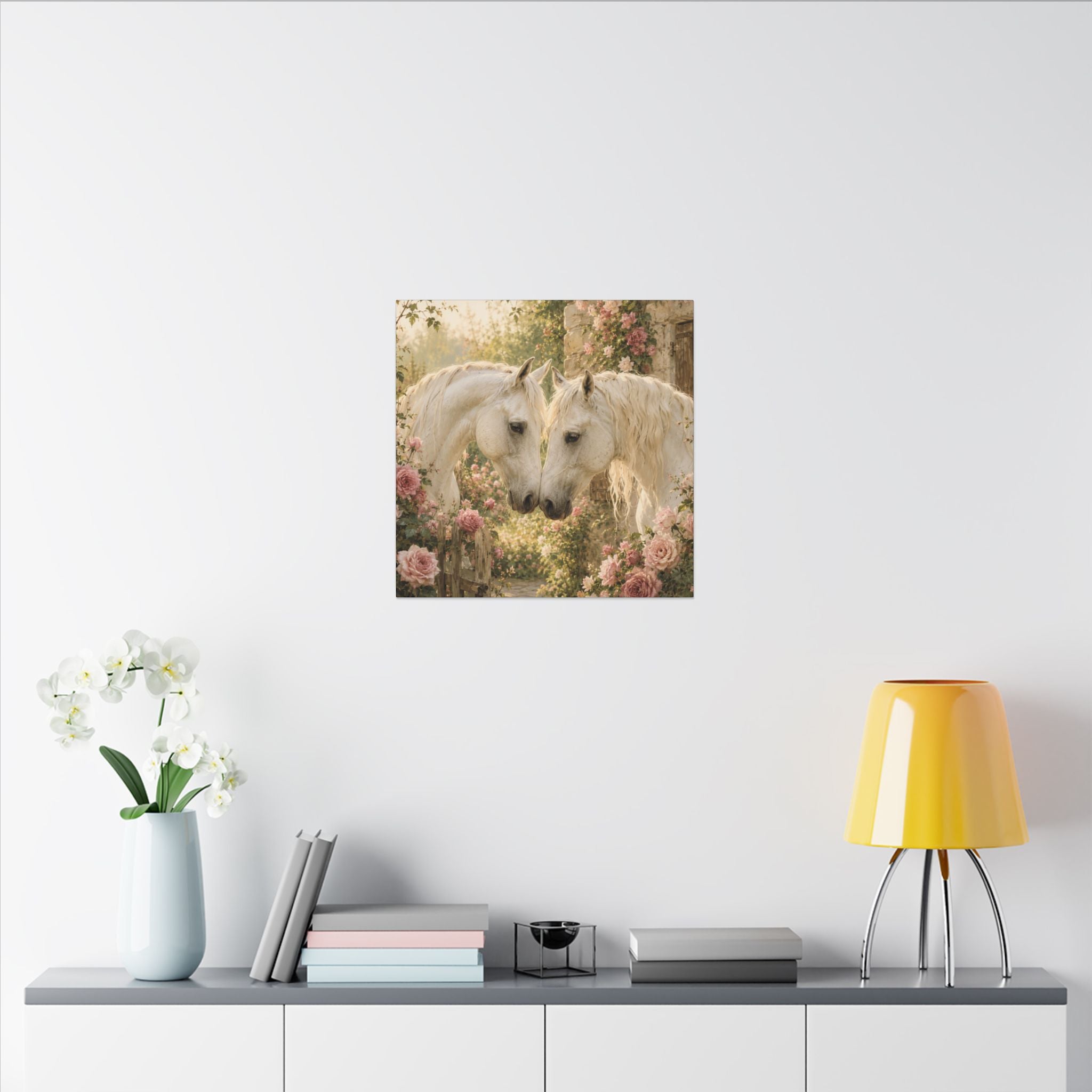 Romantic White Horses Canvas Wall Art — Floral Garden Horse Print