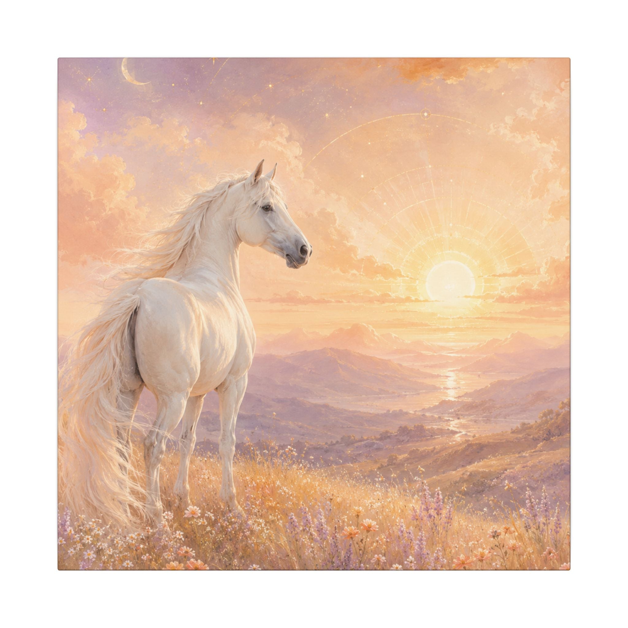 Equine Sunrise Matte Canvas Wall Art — White Horse Fantasy Landscape