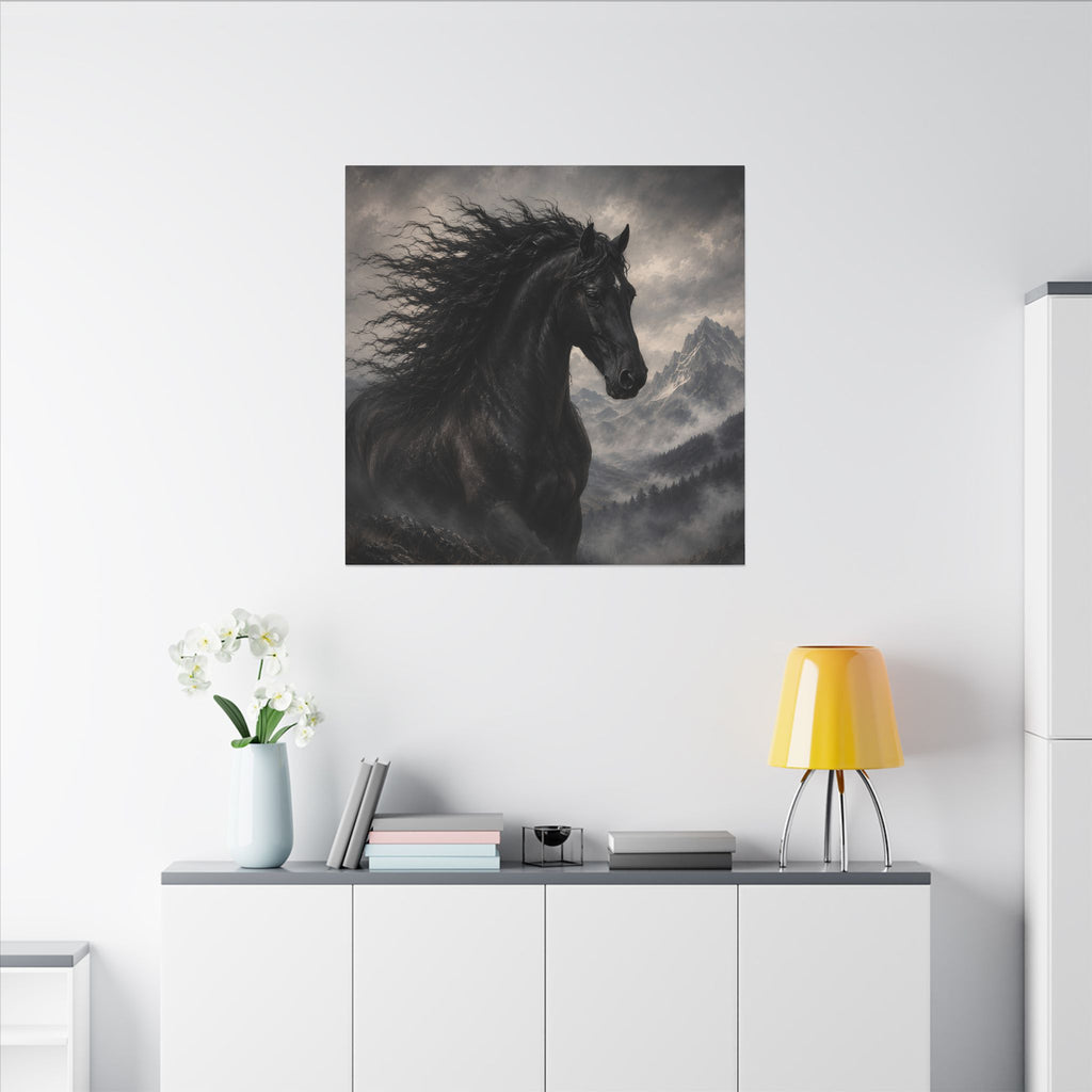 Majestic Black Horse Matte Canvas Wall Art — Dramatic Mountain Stallion Print