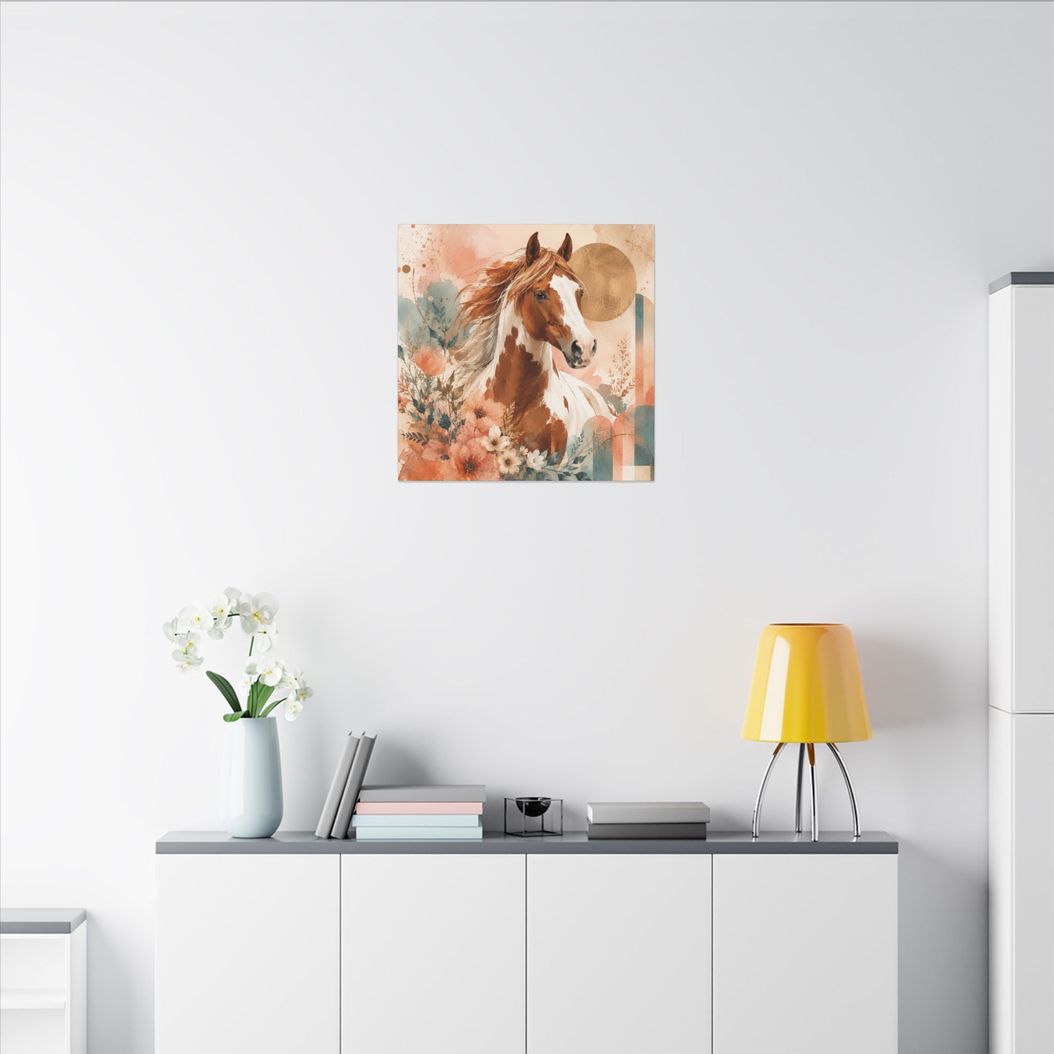 Painted Pinto Horse Canvas Wall Art — Boho Floral Equestrian Decor