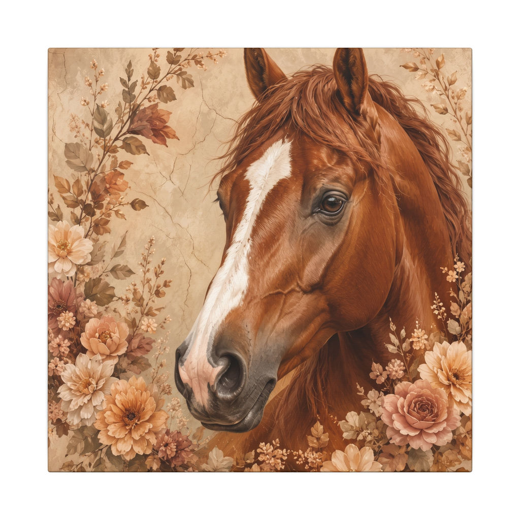 Chestnut Horse Portrait Canvas Wall Art — Floral Rustic Equestrian Decor