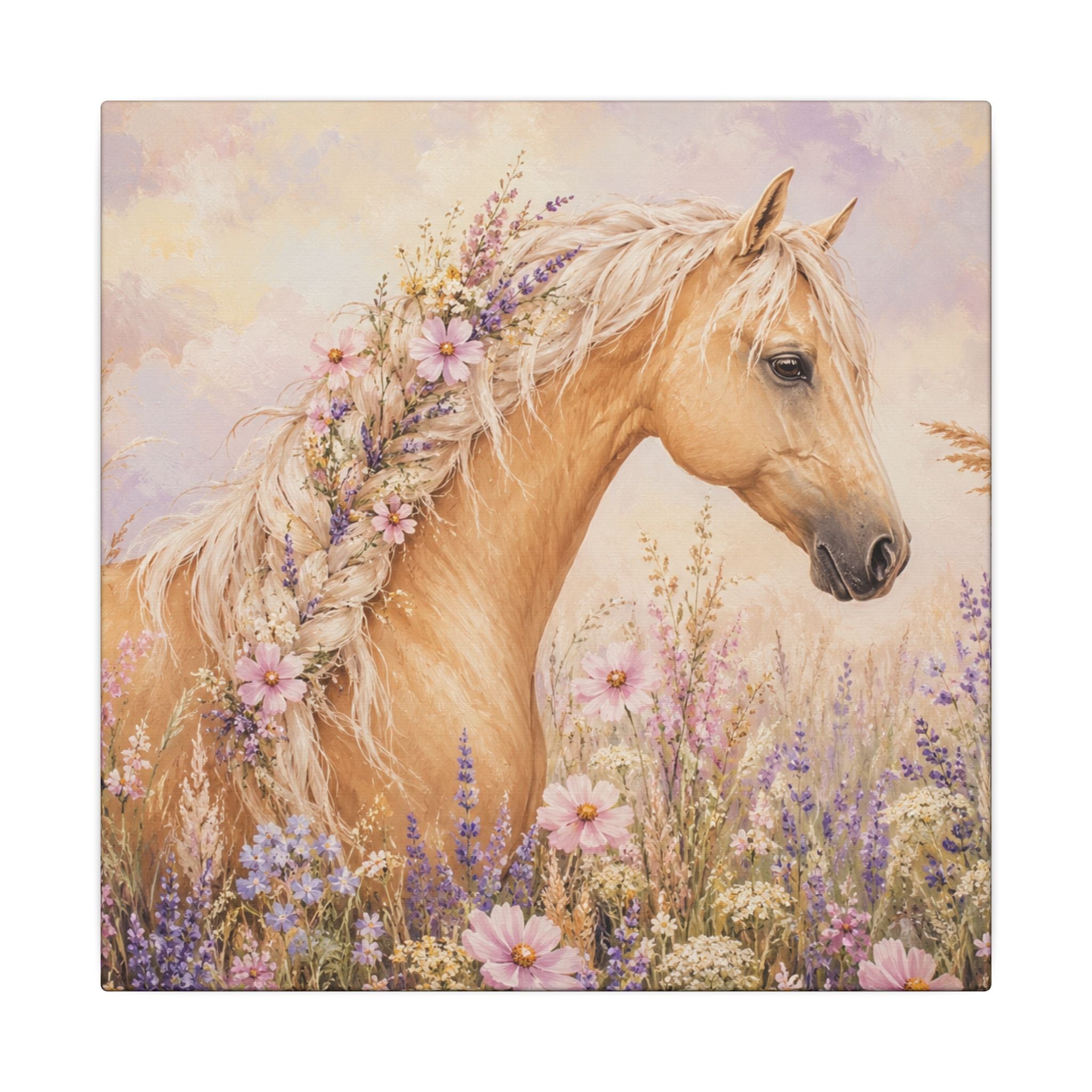 Palomino Horse Canvas Wall Art — Floral Meadow Matte Stretched Canvas