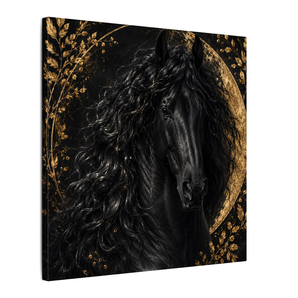 Black Stallion Canvas Print — Elegant Horse Wall Art with Gold Moon