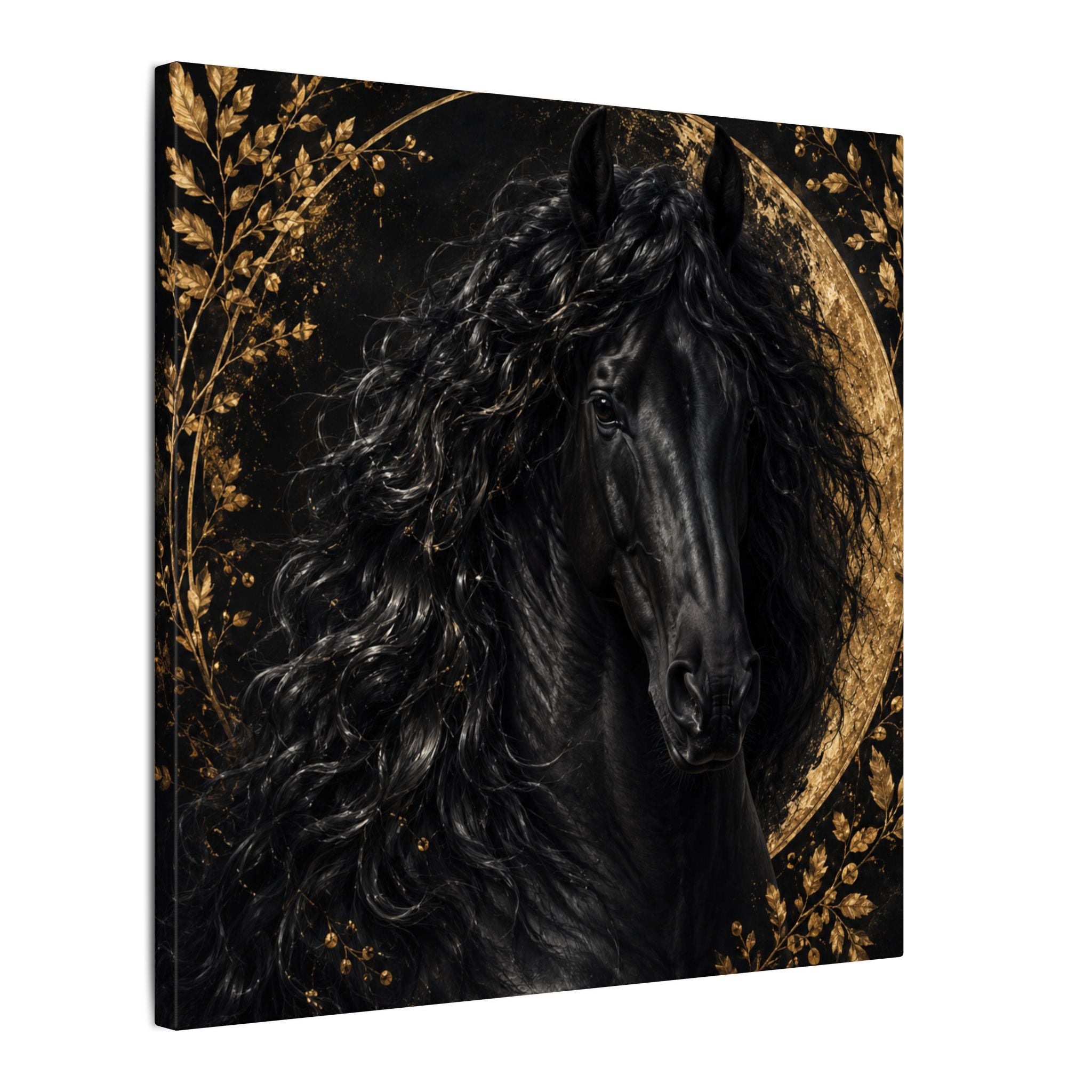 Black Stallion Canvas Print — Elegant Horse Wall Art with Gold Moon