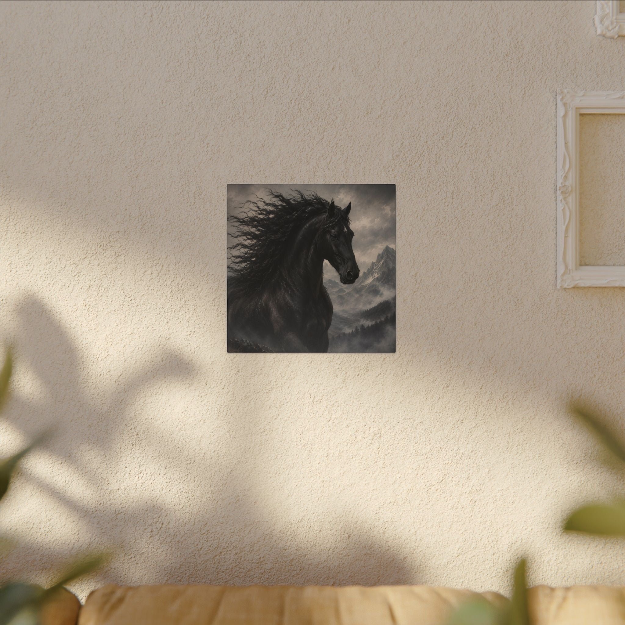 Majestic Black Horse Matte Canvas Wall Art — Dramatic Mountain Stallion Print