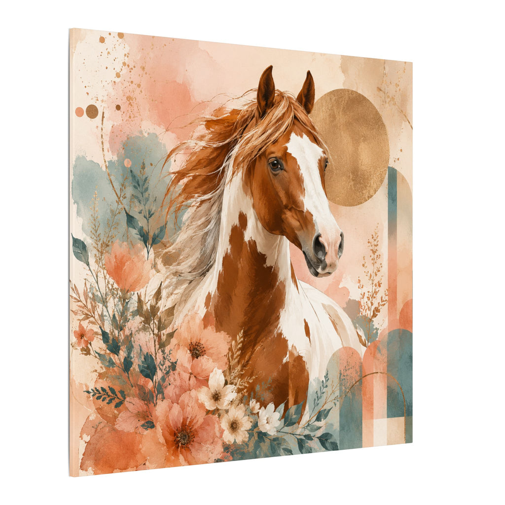 Painted Pinto Horse Canvas Wall Art — Boho Floral Equestrian Decor