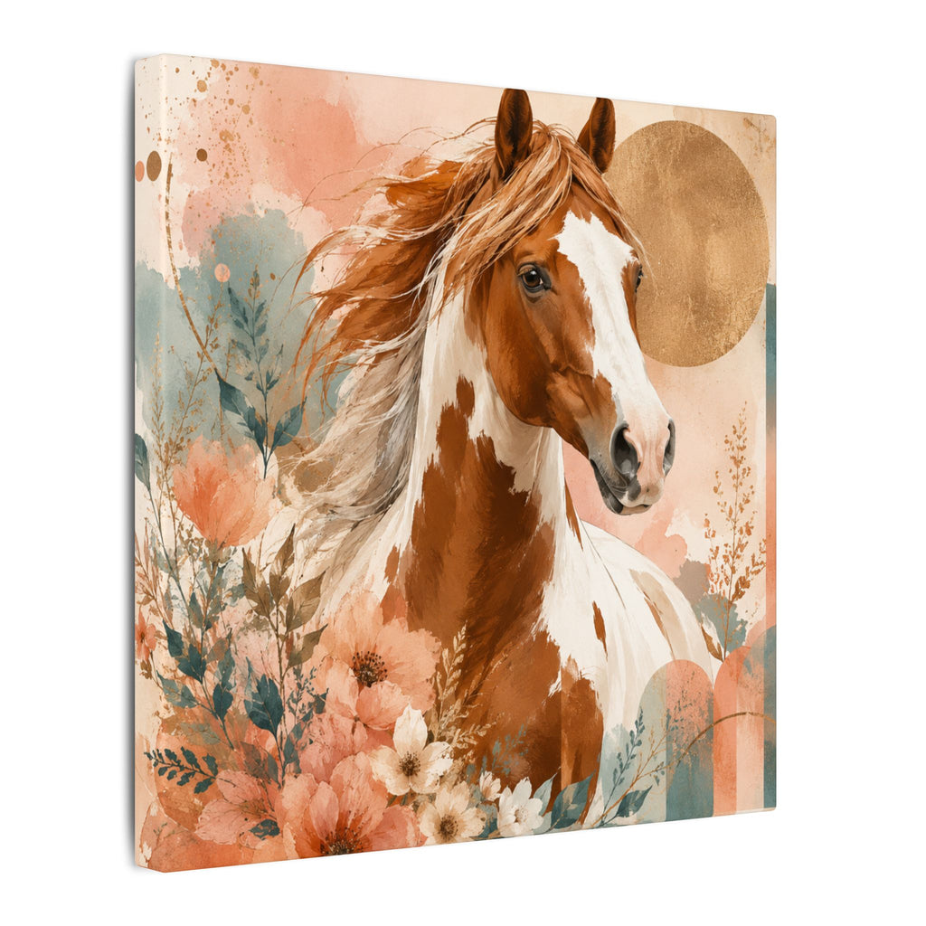 Painted Pinto Horse Canvas Wall Art — Boho Floral Equestrian Decor