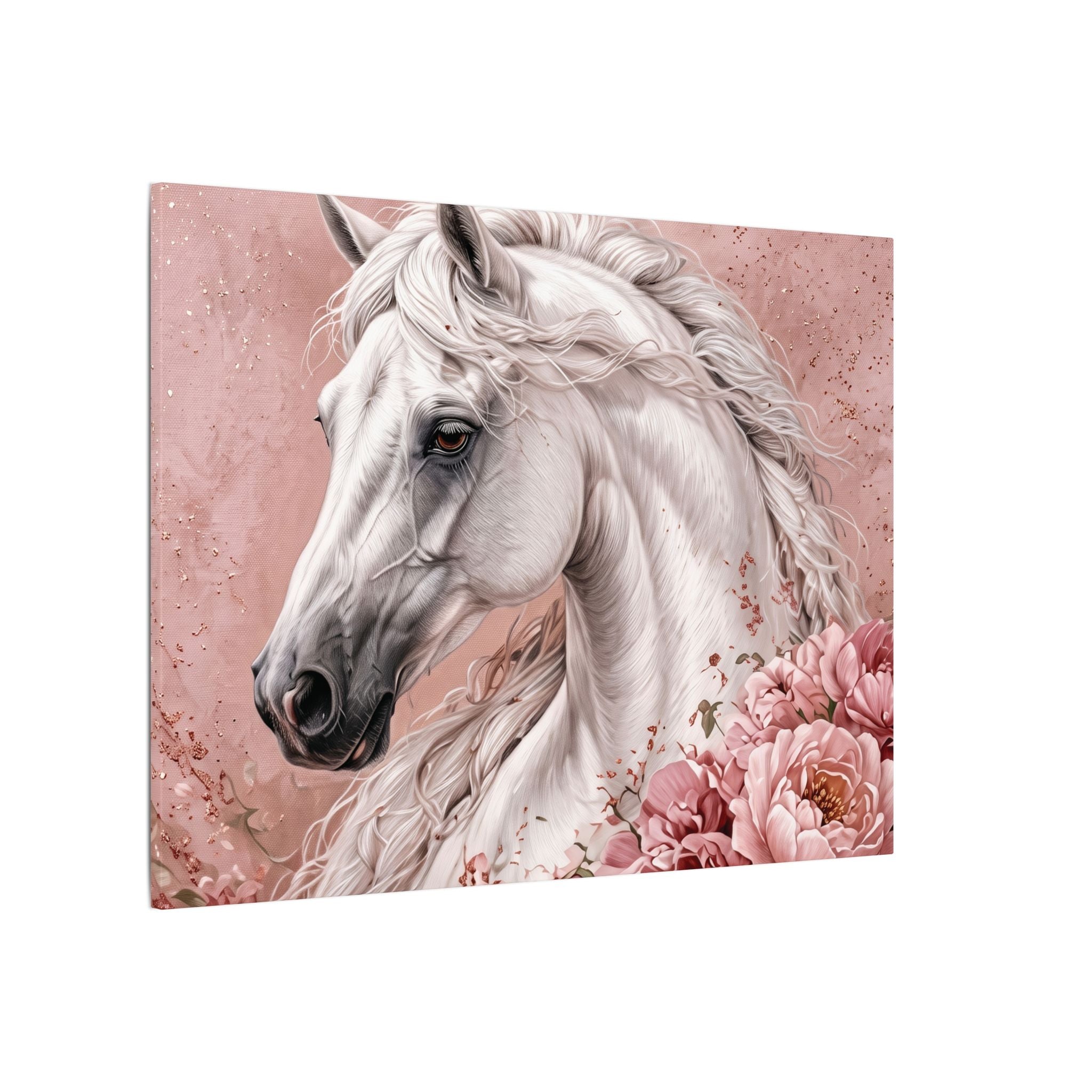 White Horse Floral Canvas Wall Art — Matte Stretched Horse Portrait
