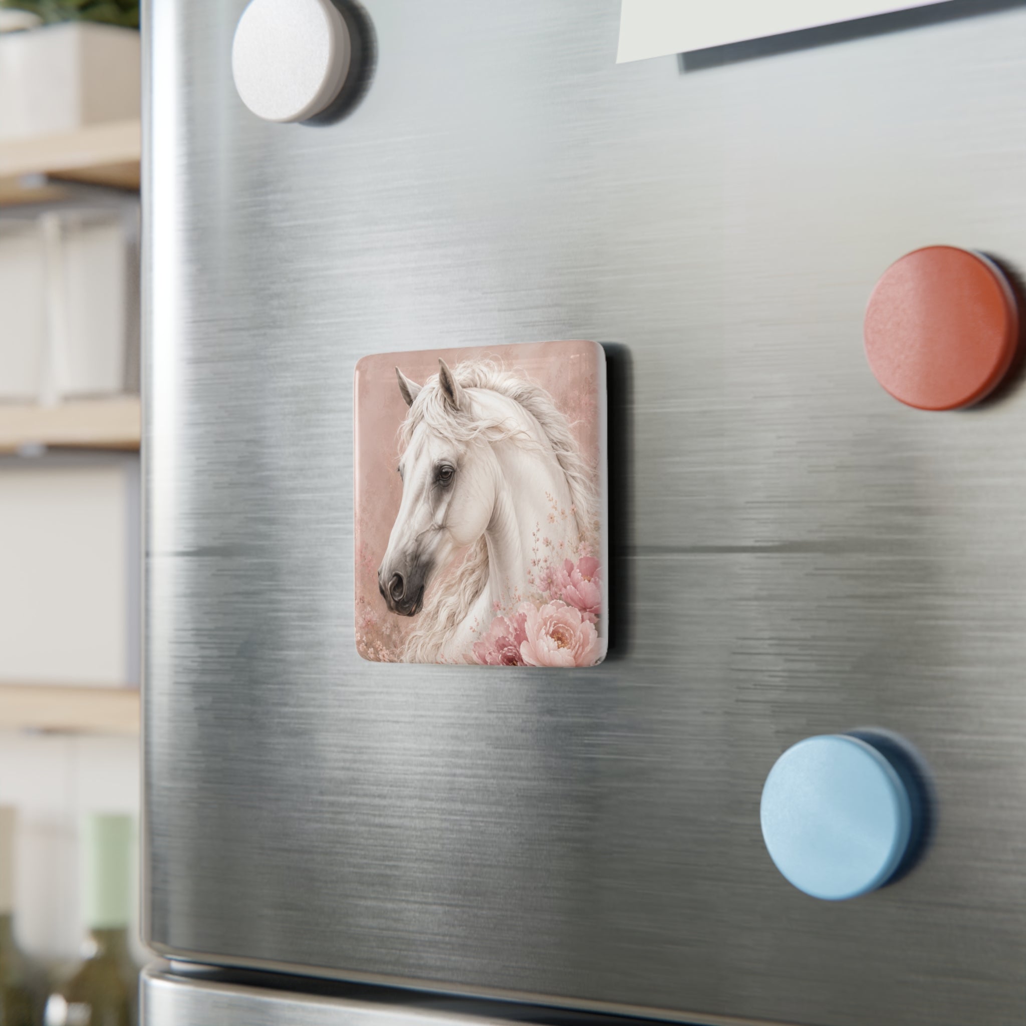 White Horse Floral Porcelain Magnet — Square Decorative Fridge Magnet