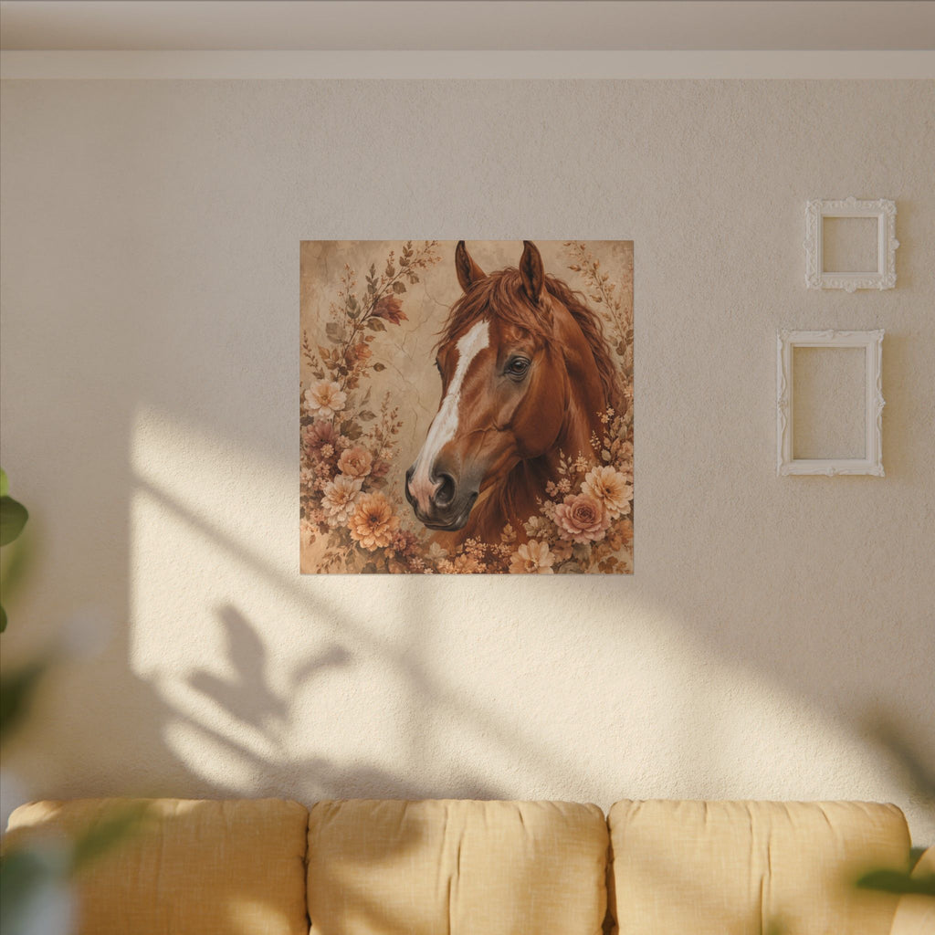 Chestnut Horse Portrait Canvas Wall Art — Floral Rustic Equestrian Decor