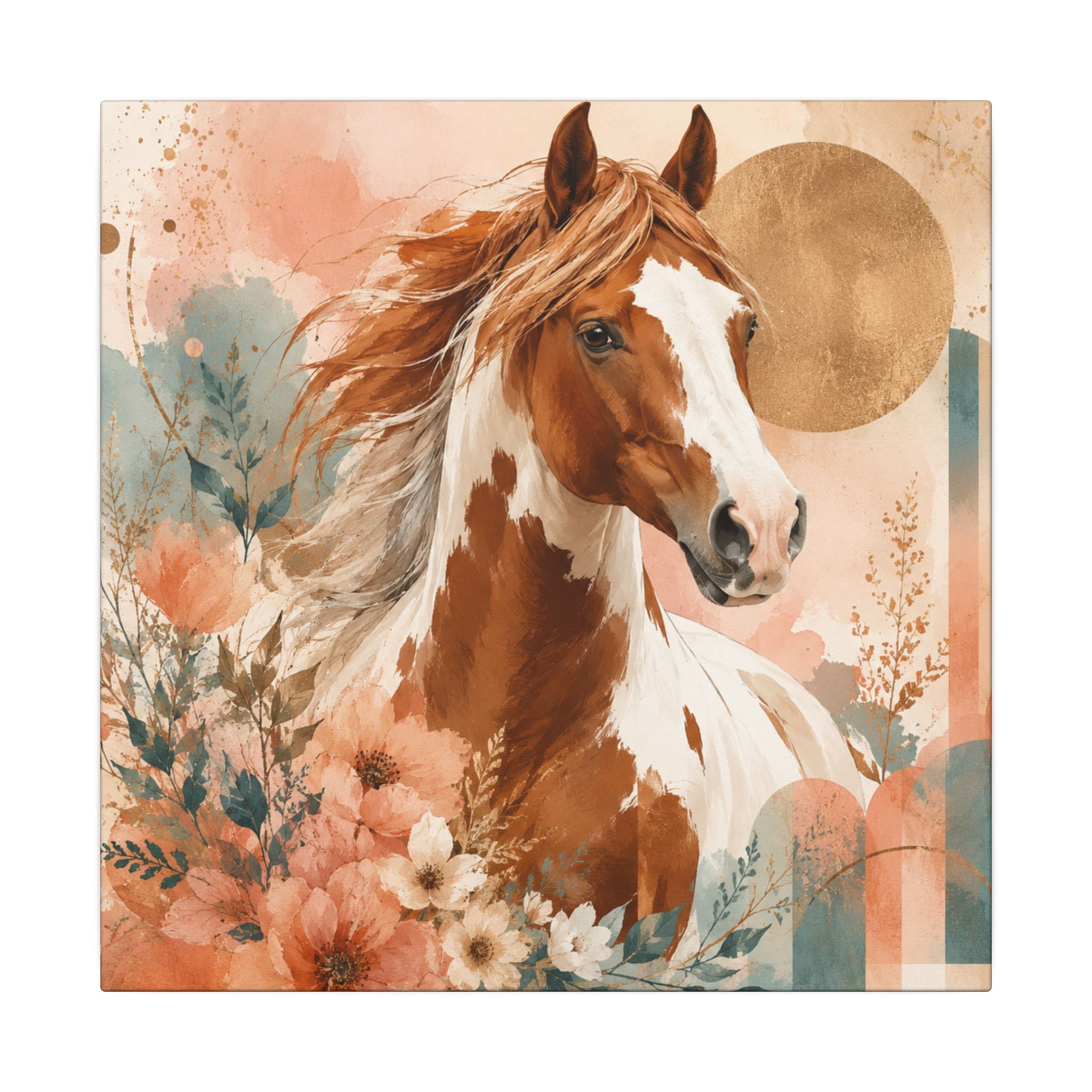 Painted Pinto Horse Canvas Wall Art — Boho Floral Equestrian Decor