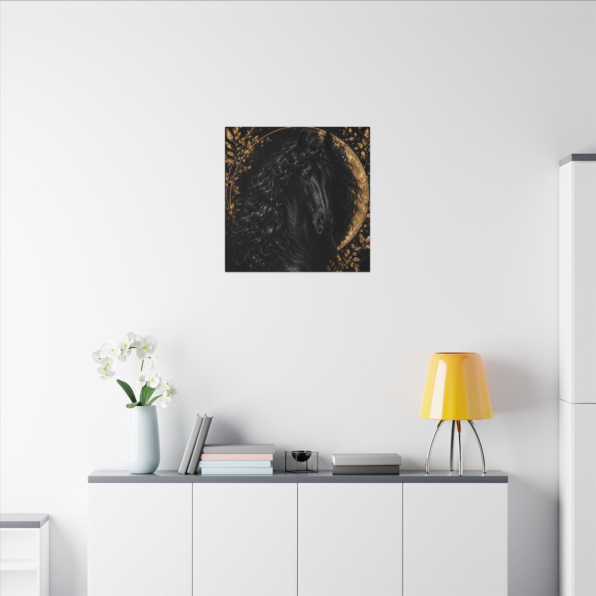 Black Stallion Canvas Print — Elegant Horse Wall Art with Gold Moon