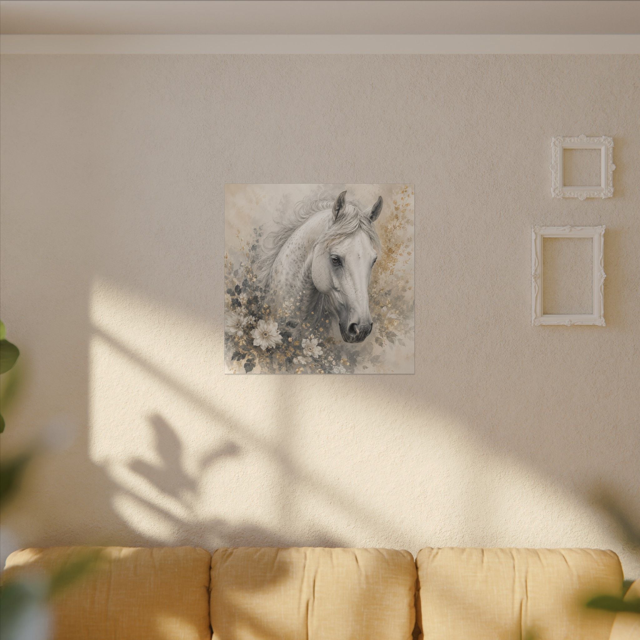 White Horse Floral Canvas Wall Art — Matte Stretched Horse Portrait