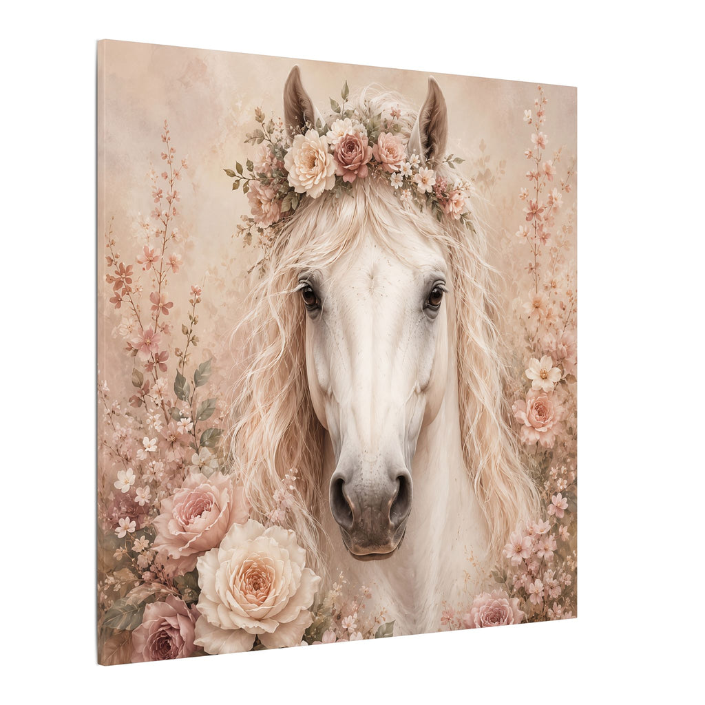 Floral White Horse Matte Canvas Wall Art
