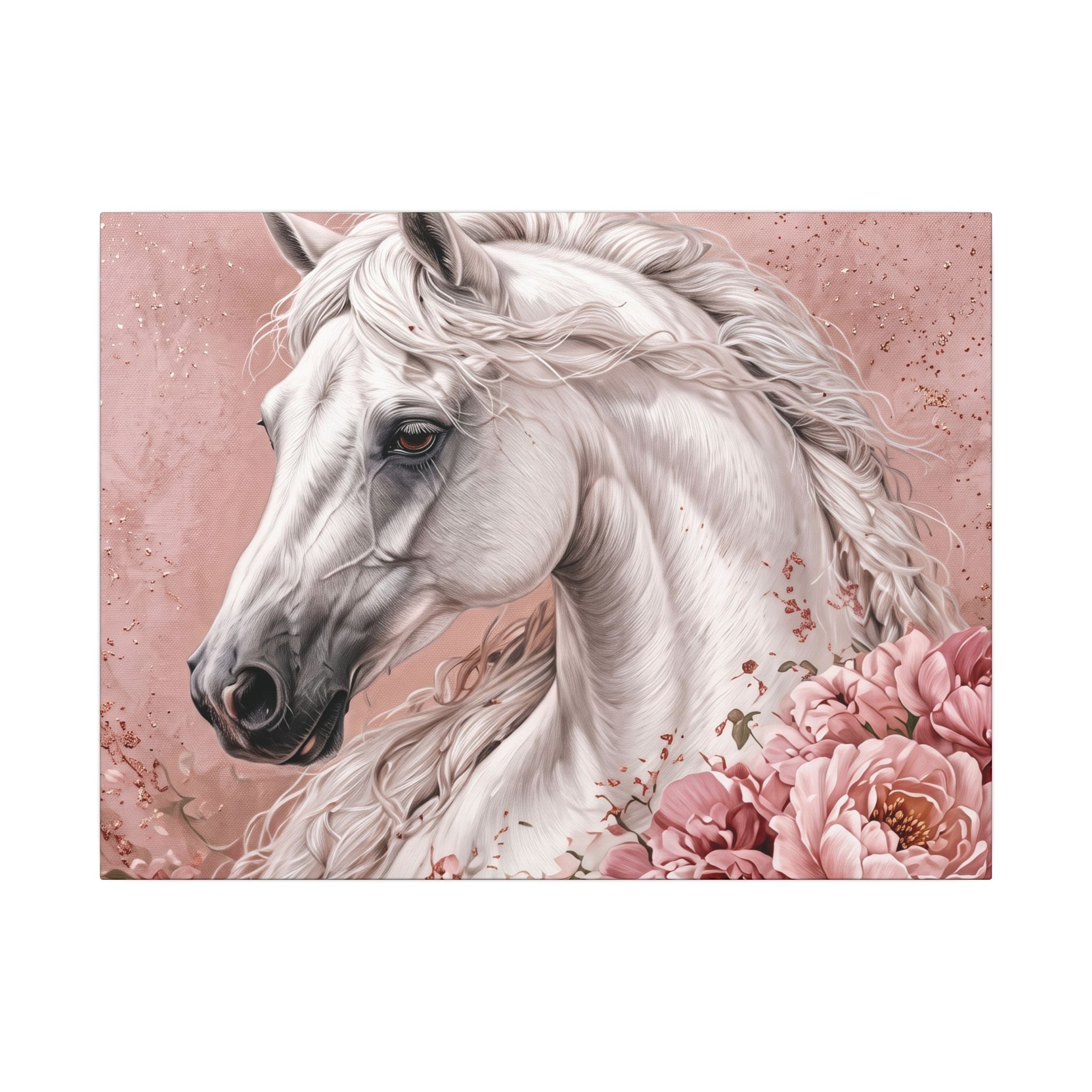 White Horse Floral Canvas Wall Art — Matte Stretched Horse Portrait