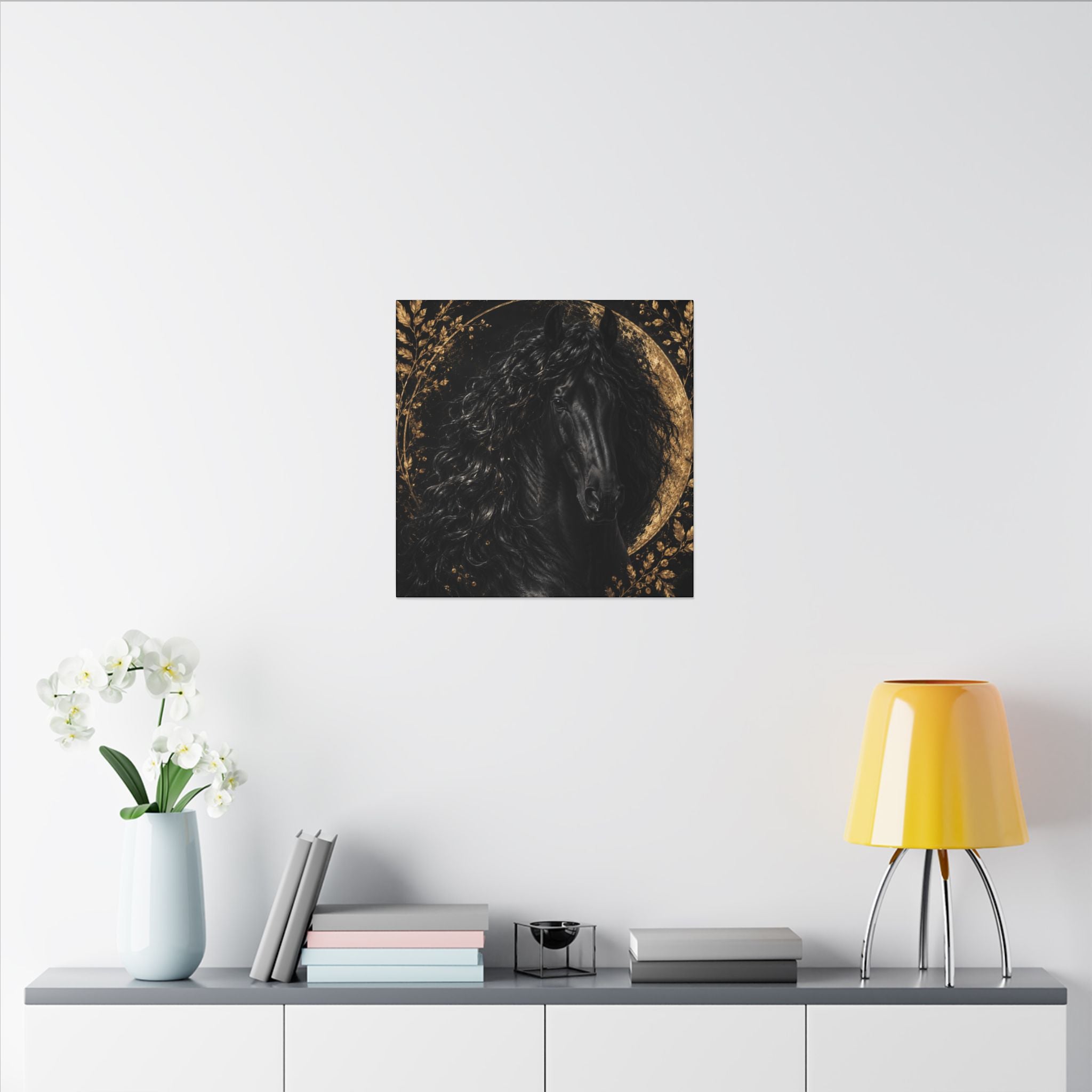 Black Stallion Canvas Print — Elegant Horse Wall Art with Gold Moon