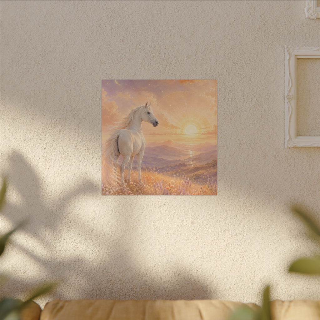 Equine Sunrise Matte Canvas Wall Art — White Horse Fantasy Landscape