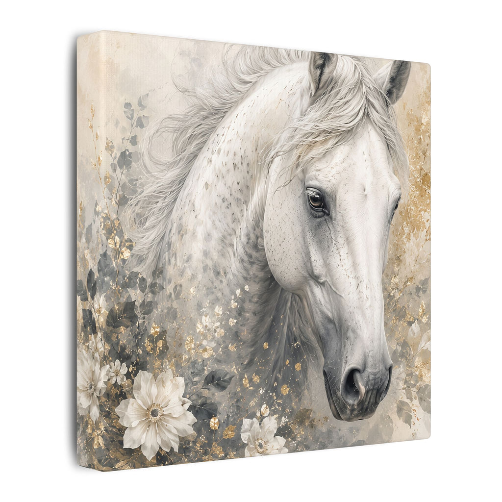 White Horse Floral Canvas Wall Art — Matte Stretched Horse Portrait