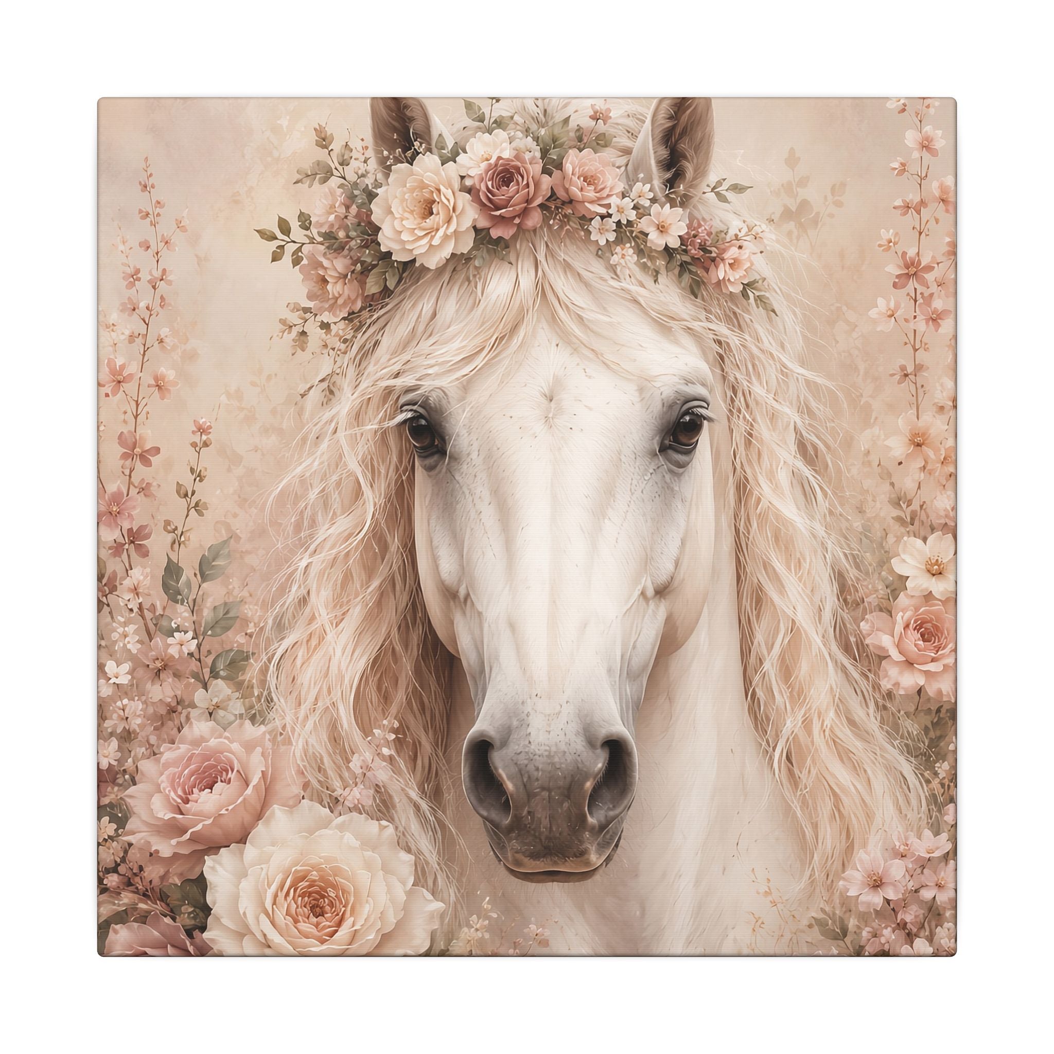 Floral White Horse Matte Canvas Wall Art