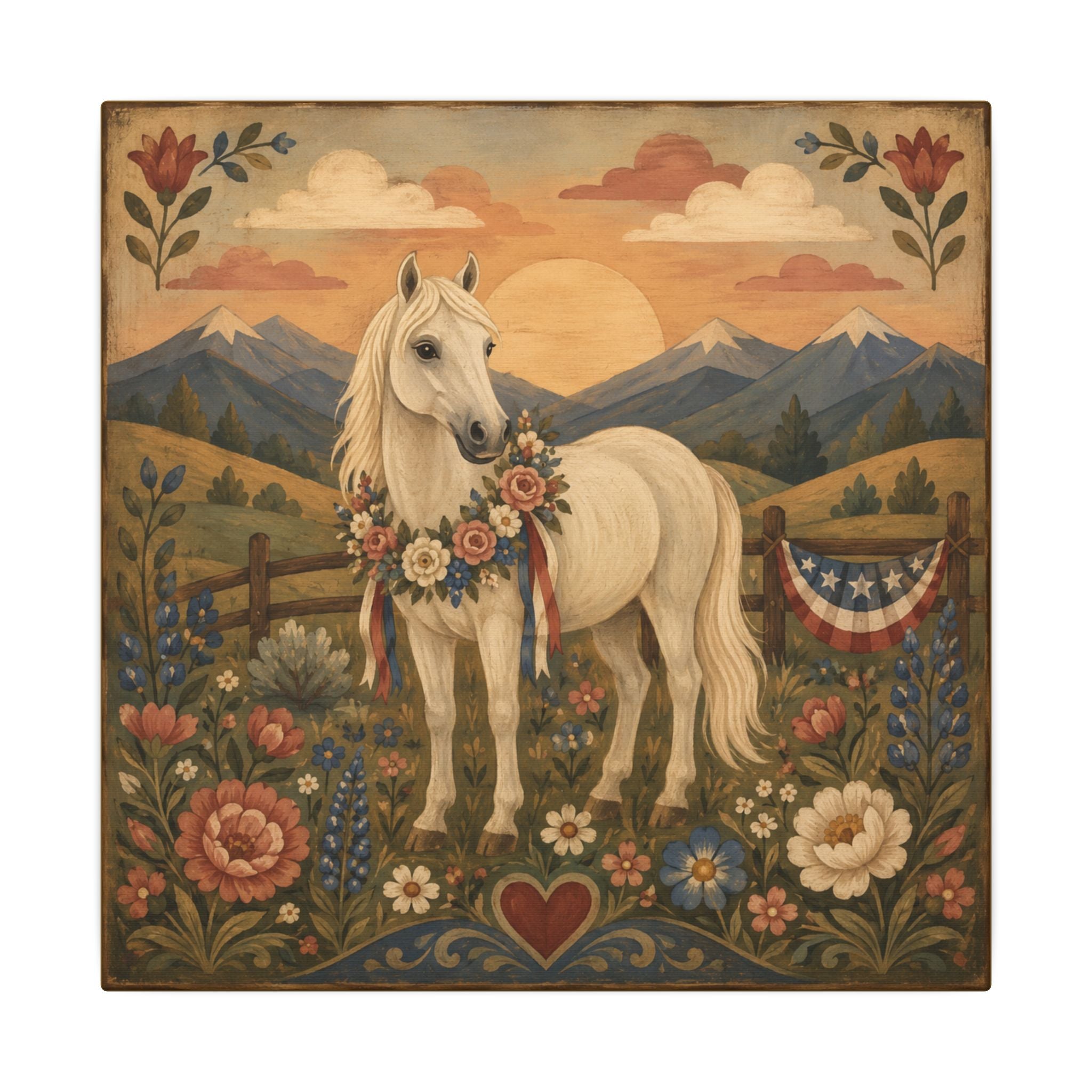 Patriotic White Horse Matte Canvas Wall Art