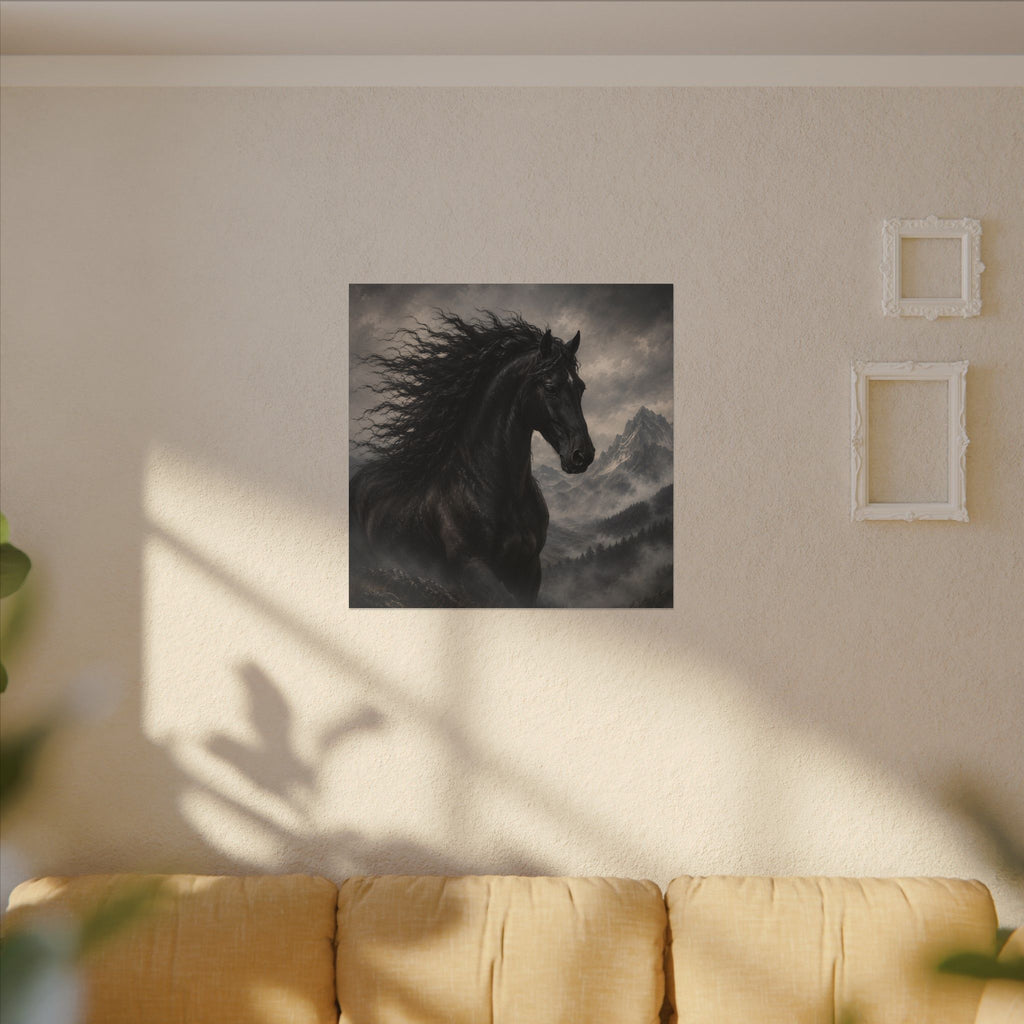 Majestic Black Horse Matte Canvas Wall Art — Dramatic Mountain Stallion Print