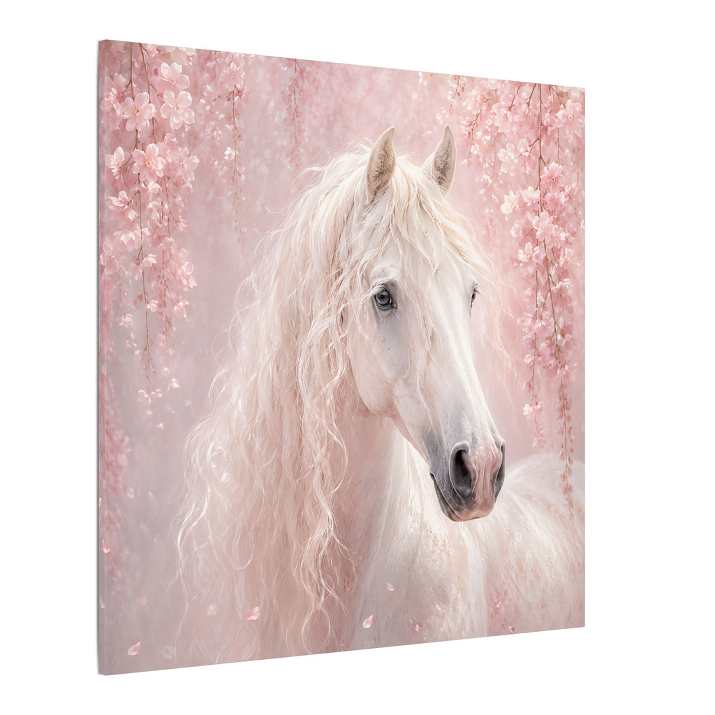 White Horse Canvas Wall Art — Romantic Pink Floral Unicorn-Style Print