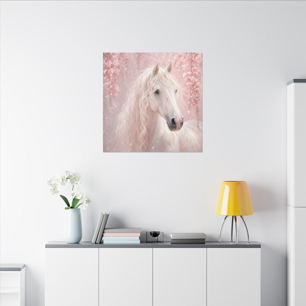 White Horse Canvas Wall Art — Romantic Pink Floral Unicorn-Style Print