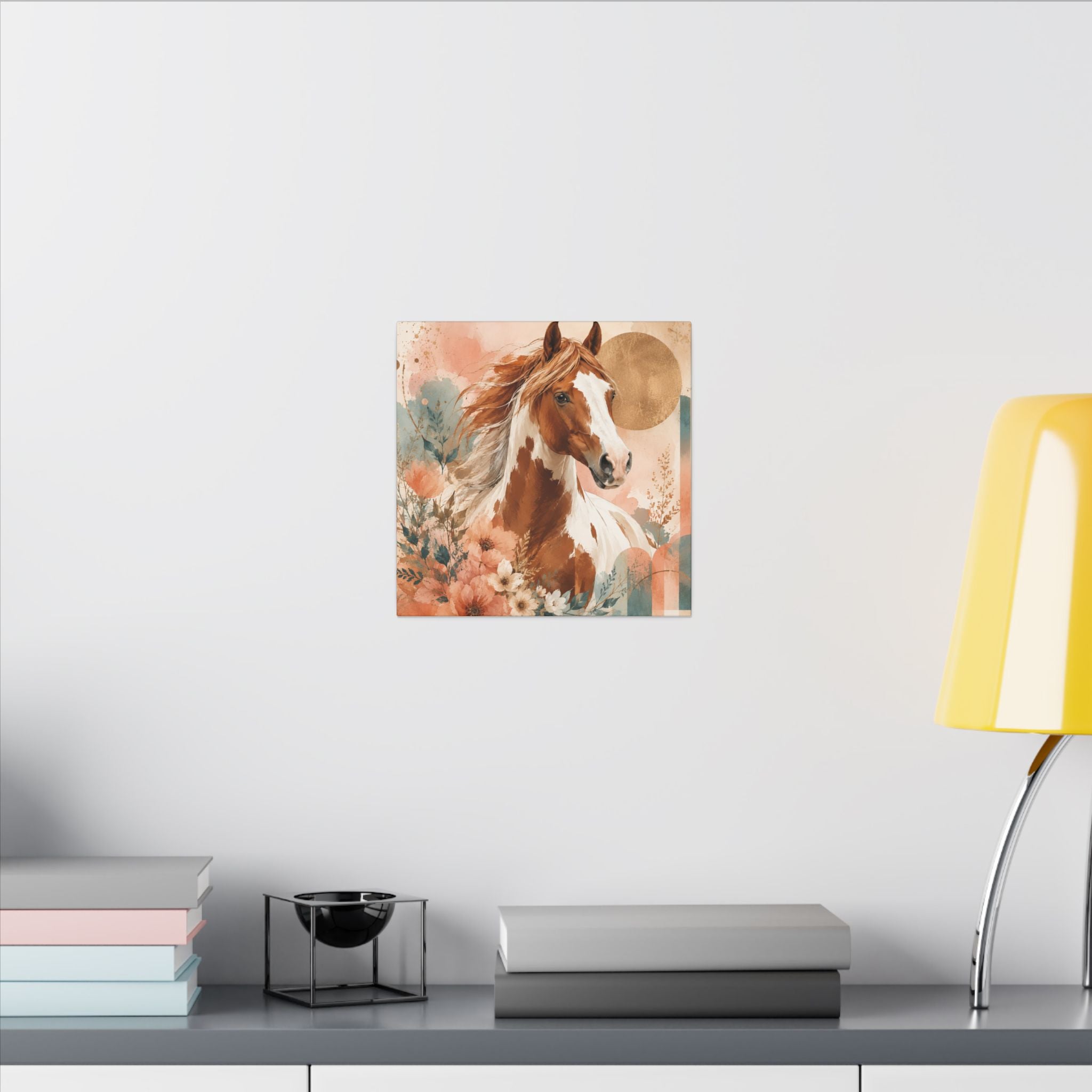 Painted Pinto Horse Canvas Wall Art — Boho Floral Equestrian Decor